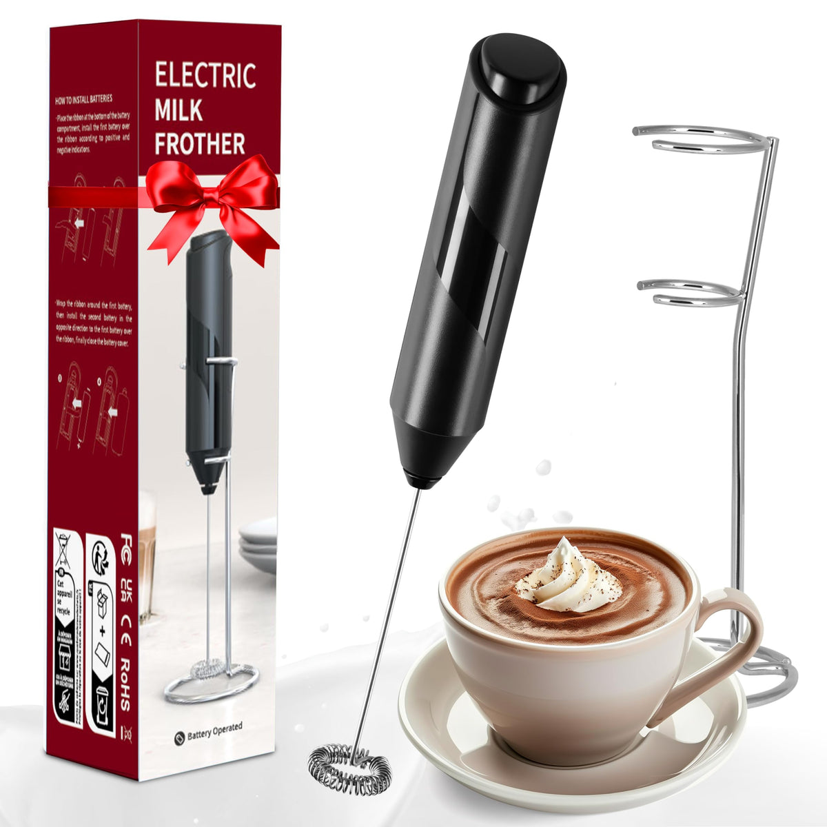 Simple Deluxe Milk Frother Handheld, Foam Maker With Stainless Steel Stand, Battery-Operated Whisk For Coffee, Latte, Hot Chocol