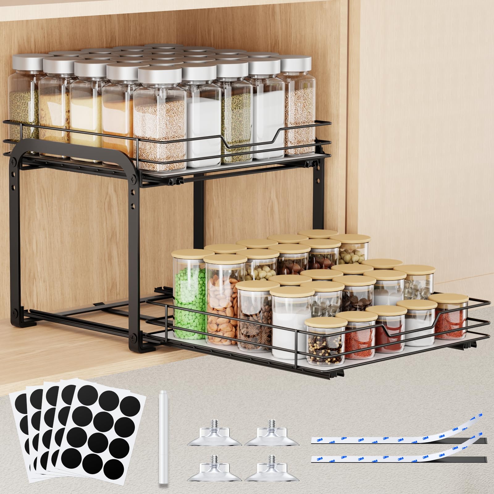Pull Out Spice Rack Organizer for Cabinet, Height Adjustable Spice Organization for Cabinet, Metal Slide Out Spice Racks Heavy D