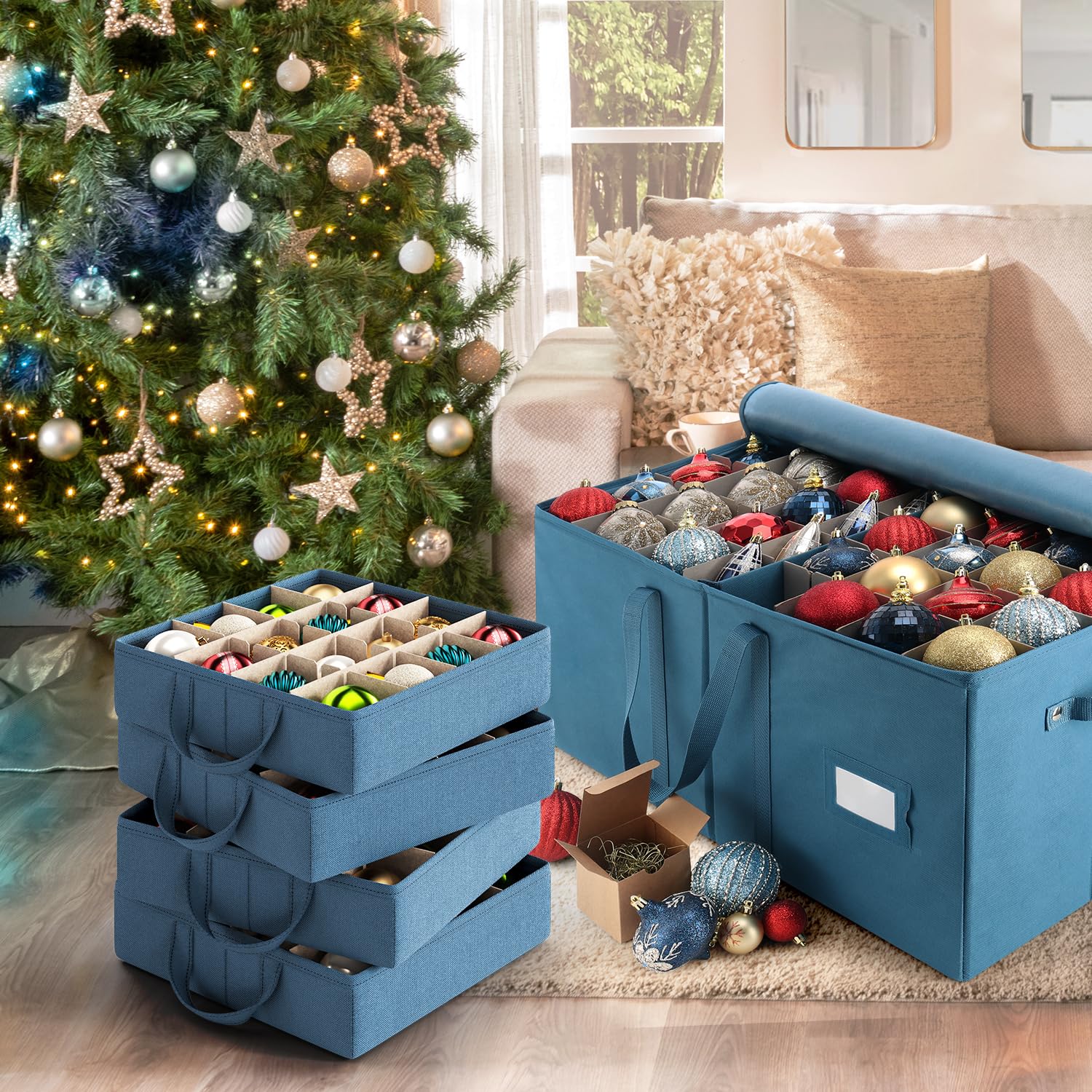 Hearth & Harbor Large Christmas Ornament Storage Box With Adjustable Dividers - Ornament Storage Container For 128 Holiday Ornam