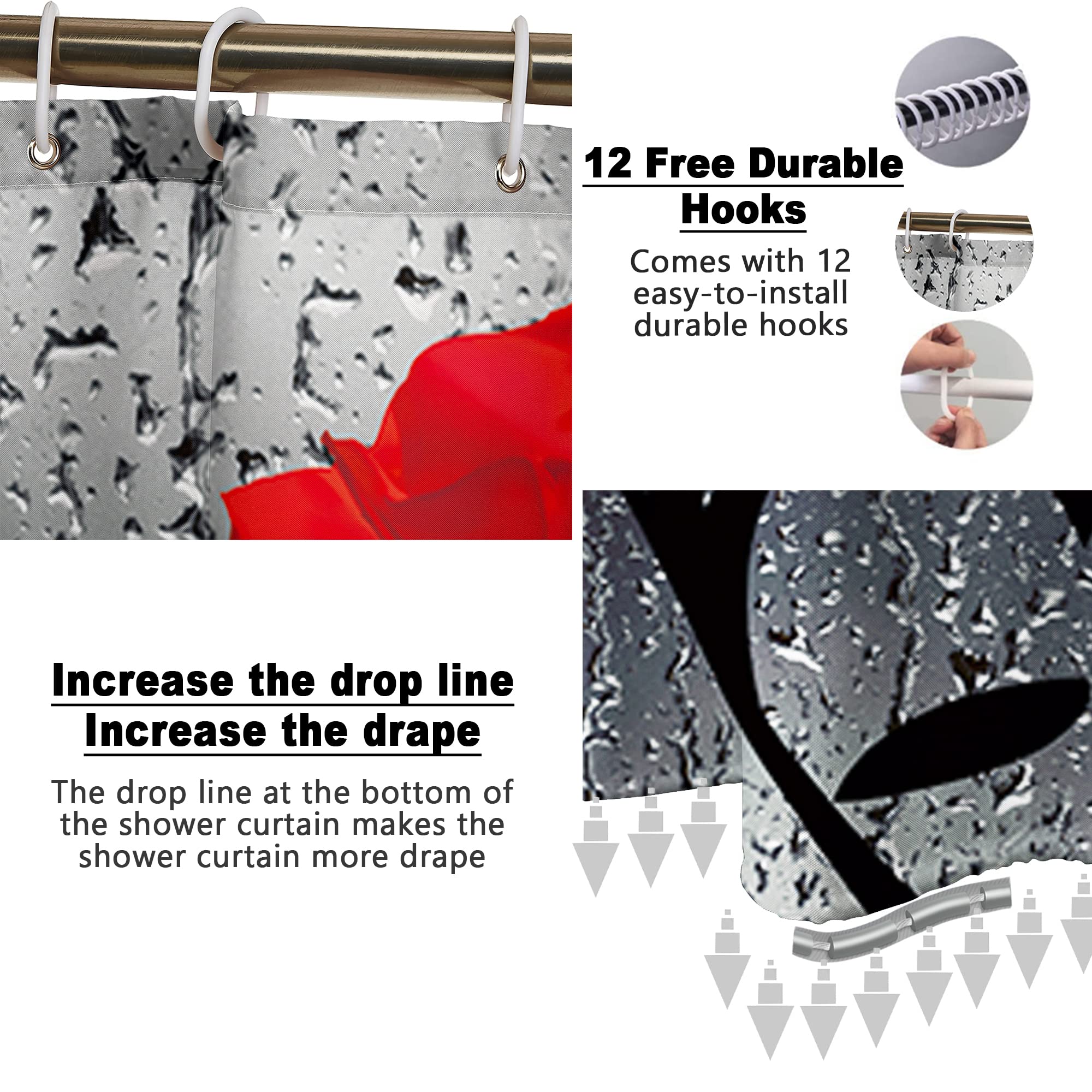 Poedist 4 Pcs Bathroom Shower Curtain Set,Red Rose Shower Curtain Valentine'S Day Shower Curtain Sets With Rugs(Bath Mat,U Shape