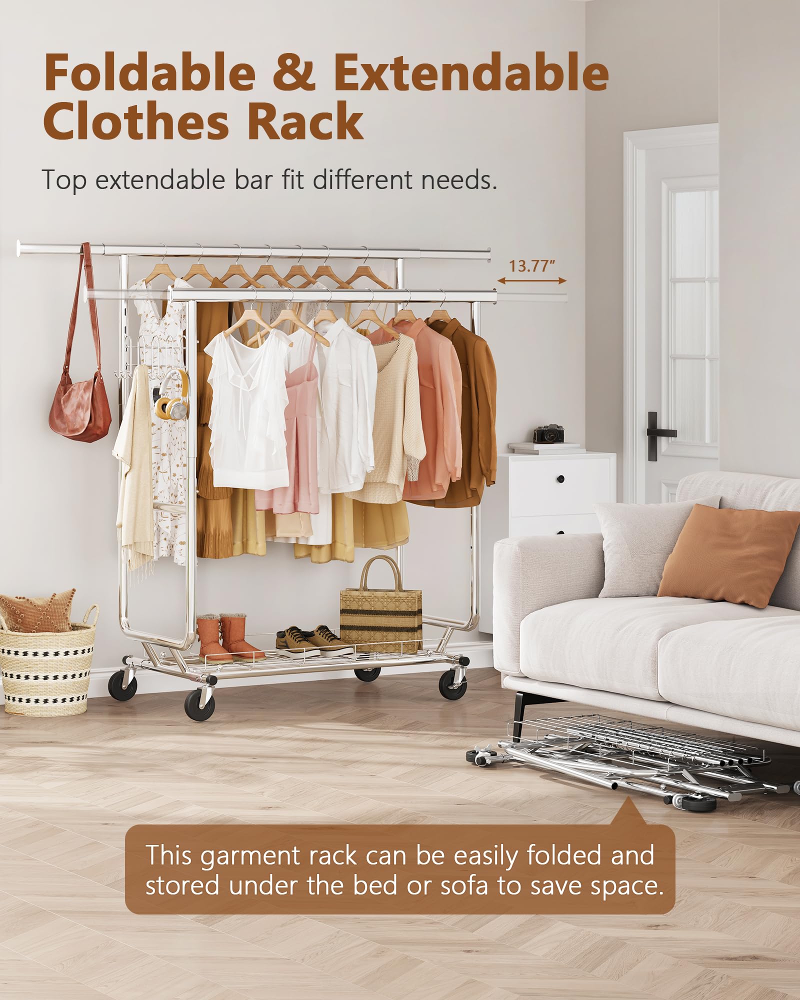 Hoctieon 2-Minute Assembly Double Rod Clothes Rack, Heavy Duty Rolling Clothing Racks With Wheels, Foldable Commercial Garment R