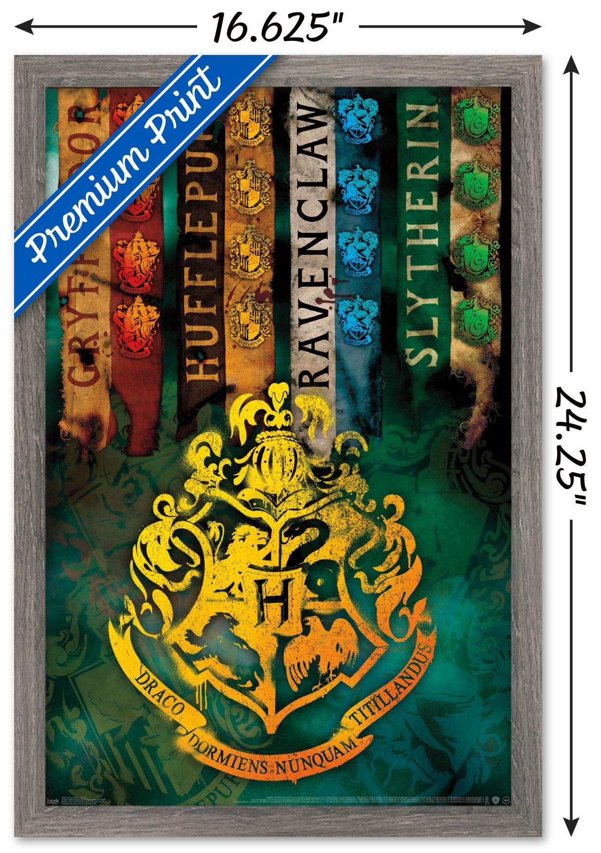 Trends International The Wizarding World: Harry Potter - House Crests Wall Poster, 14.725'' X 22.375'', Barnwood Framed Version