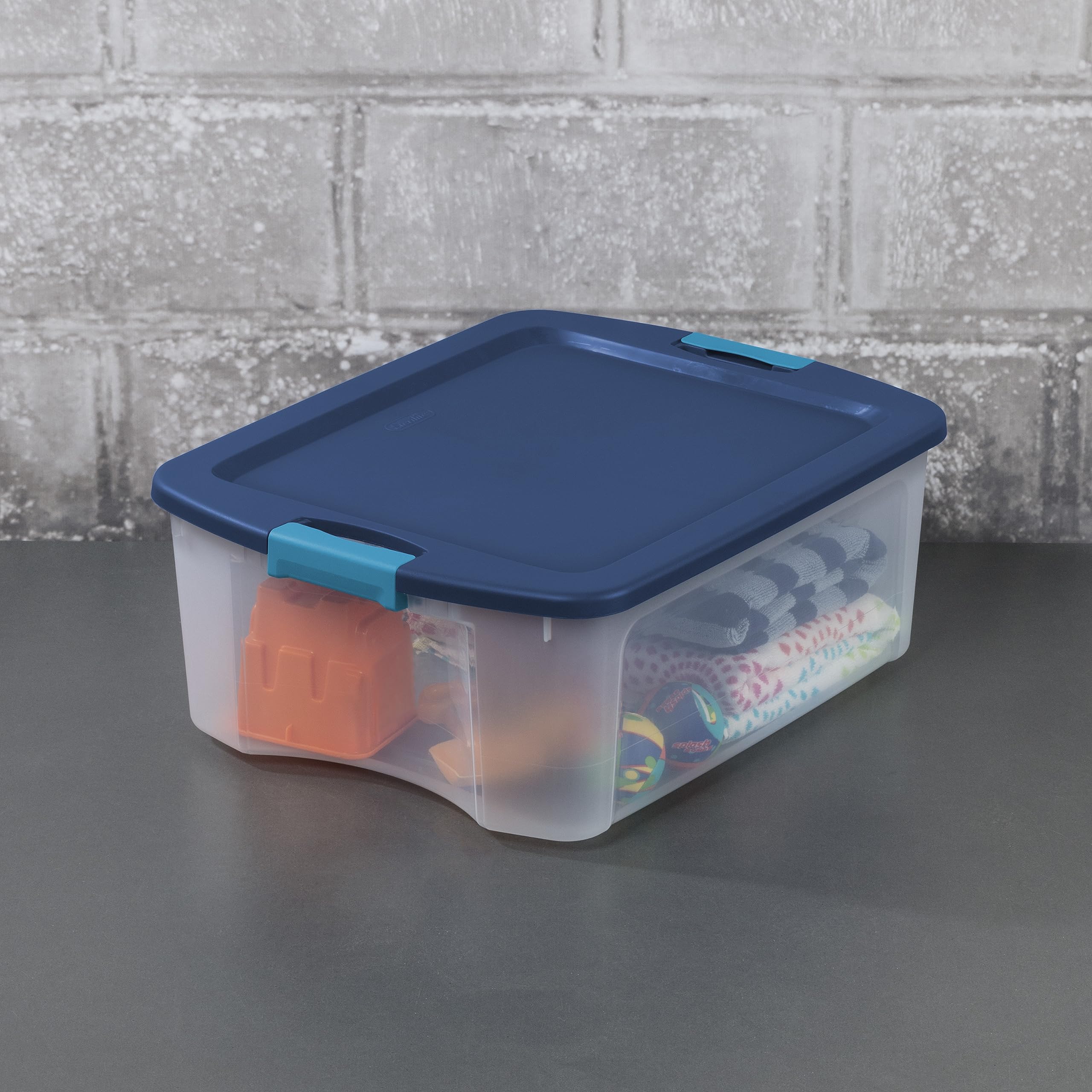 Sterilite 12 Gal Latch And Carry, Stackable Storage Bin With Latching Lid, Plastic Container To Organize Closets, Clear With Blu