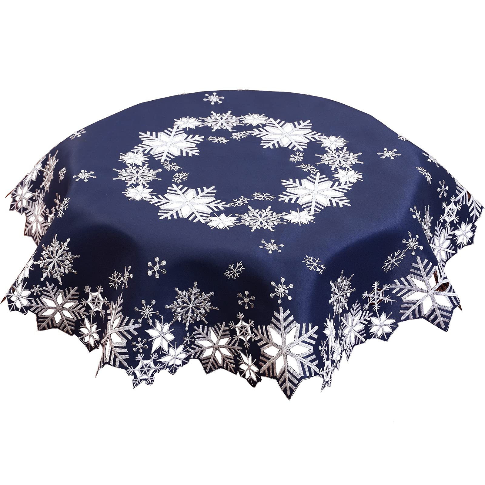 Simhomsen Small Embroidered Snowflakes Tablecloth, Round Toppers for Christmas Holiday and Winter (Navy, Round 34 inches)