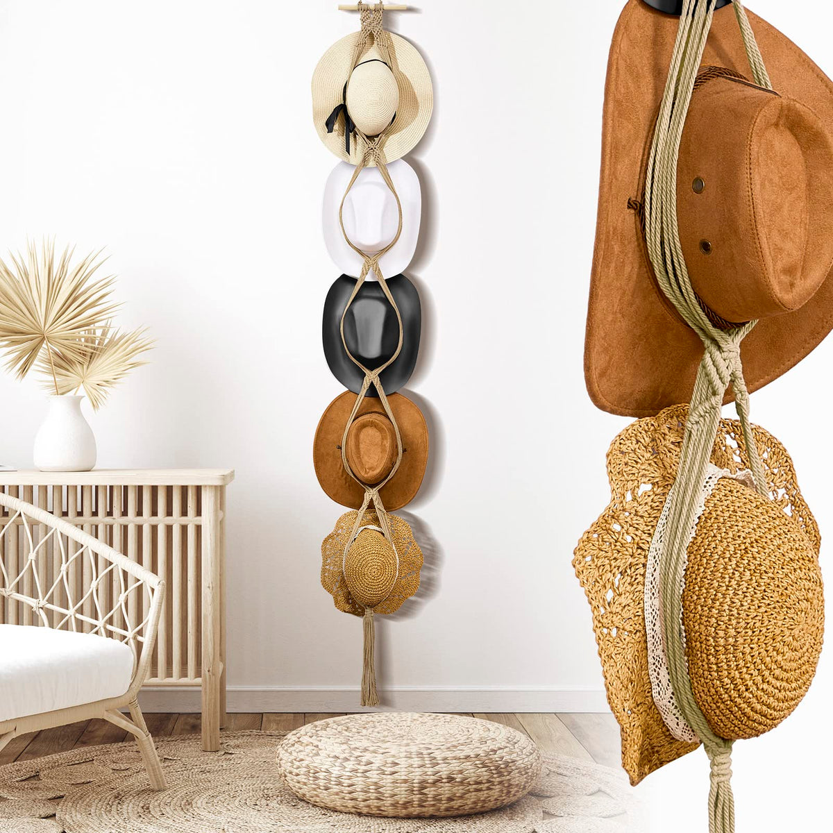 Yulejo Macrame Hat Hangers Boho Hat Rack Cowboy Hat Hanger Back Of Door Hat Organizer (Beige,Five Hats Style)