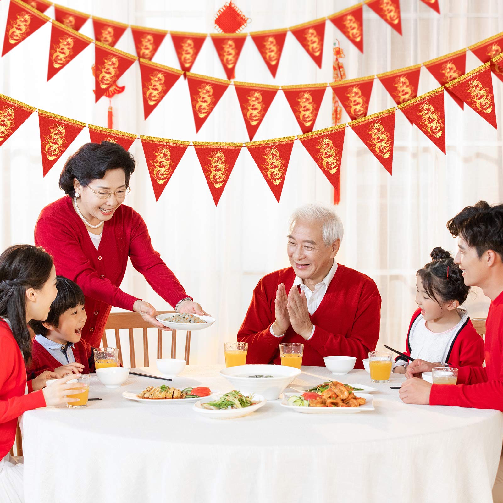 Whaline 20Pcs Chinese New Year Dragon Pennant Banner 2024 Spring Festive Triangle Bunting Flag Pre-Assembled Garland For Chinese