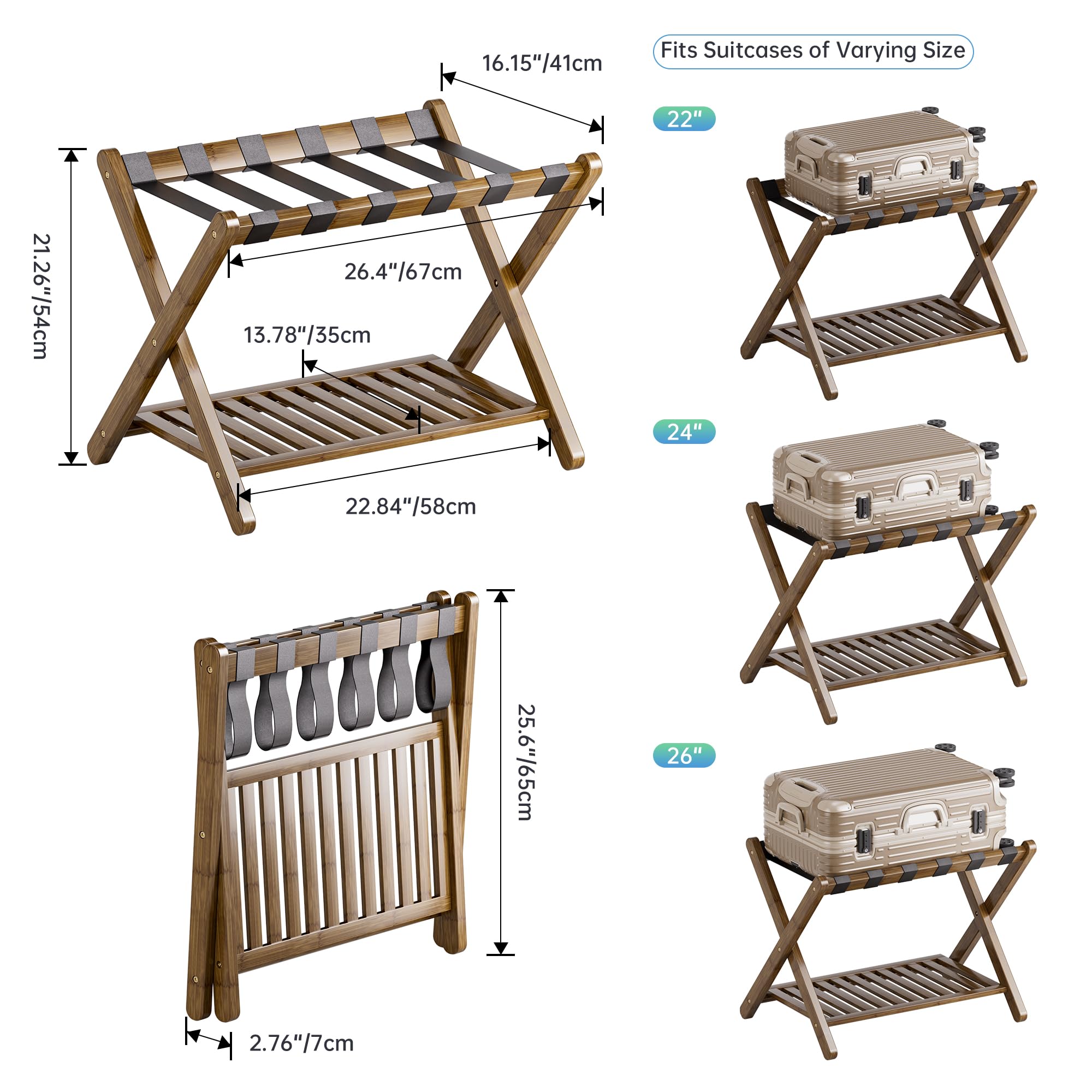 Smibuy Luggage Rack, Foldable Bamboo Suitcase Stand With Storage Shelf For Guest Room, Bedroom, Hotel, Heavy-Duty, 1 Pack (Walnu