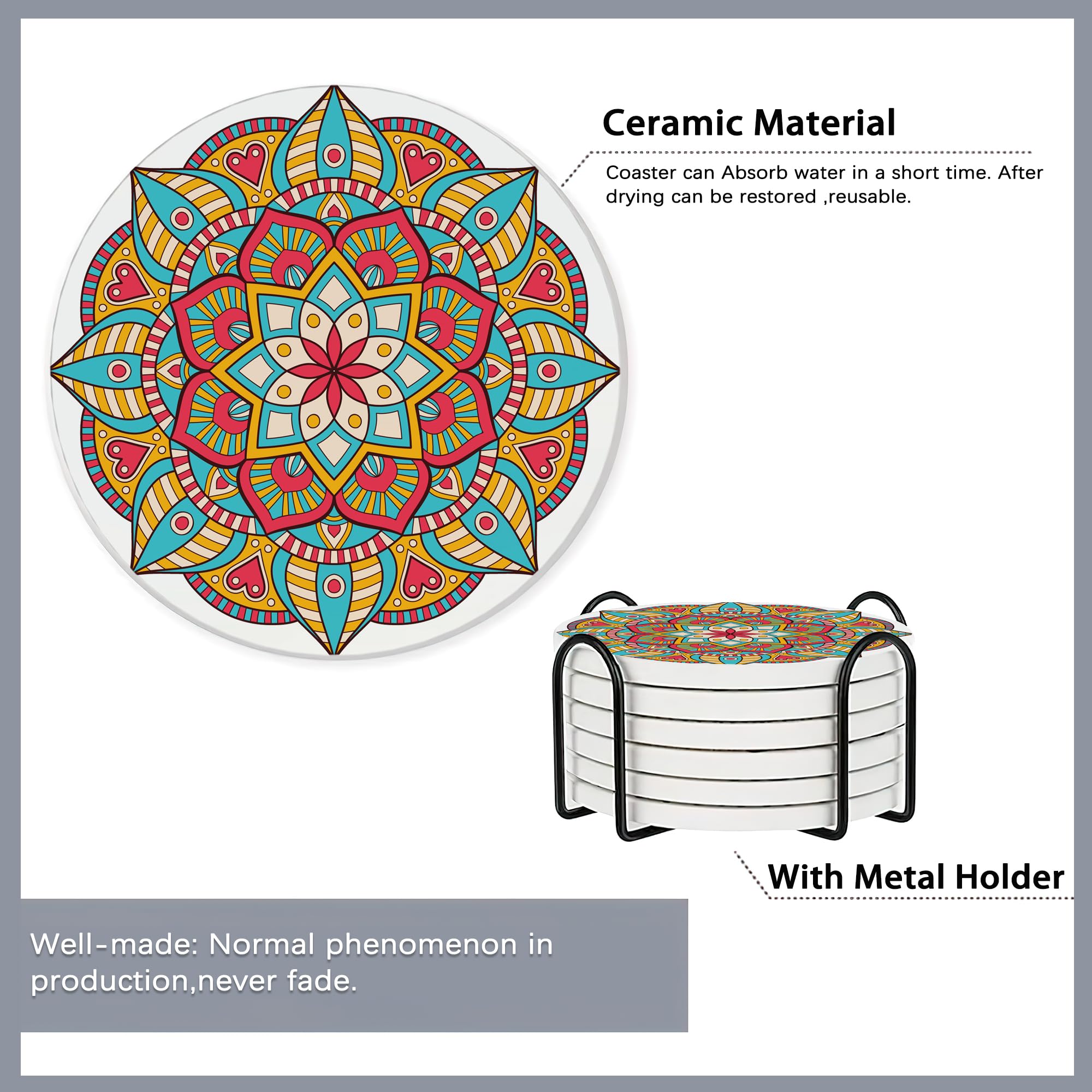 Drink Coasters Set Of 6 With Holder,Mandala Boho Flower Absorbent Ceramic Coasters With Cork Base,Fit All Cups,Tabletop Protecti