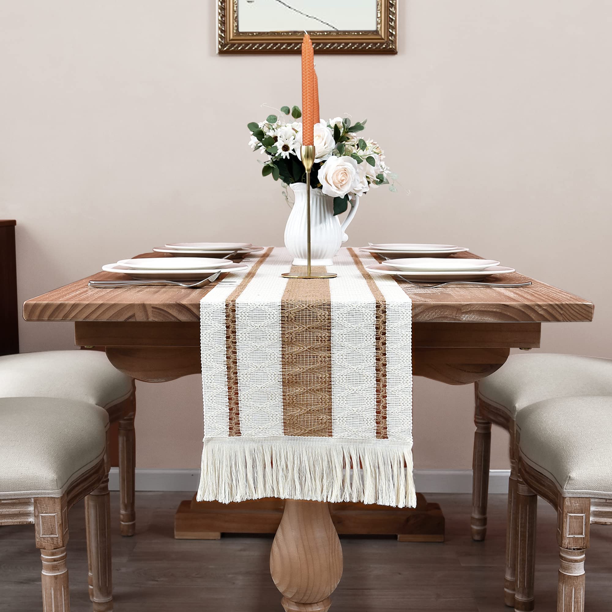 Home Macrame Table Runner Farmhouse Style - Burlap Cotton Rustic Cream Beige Boho Splicing Table Runner With Tassels For Wedding