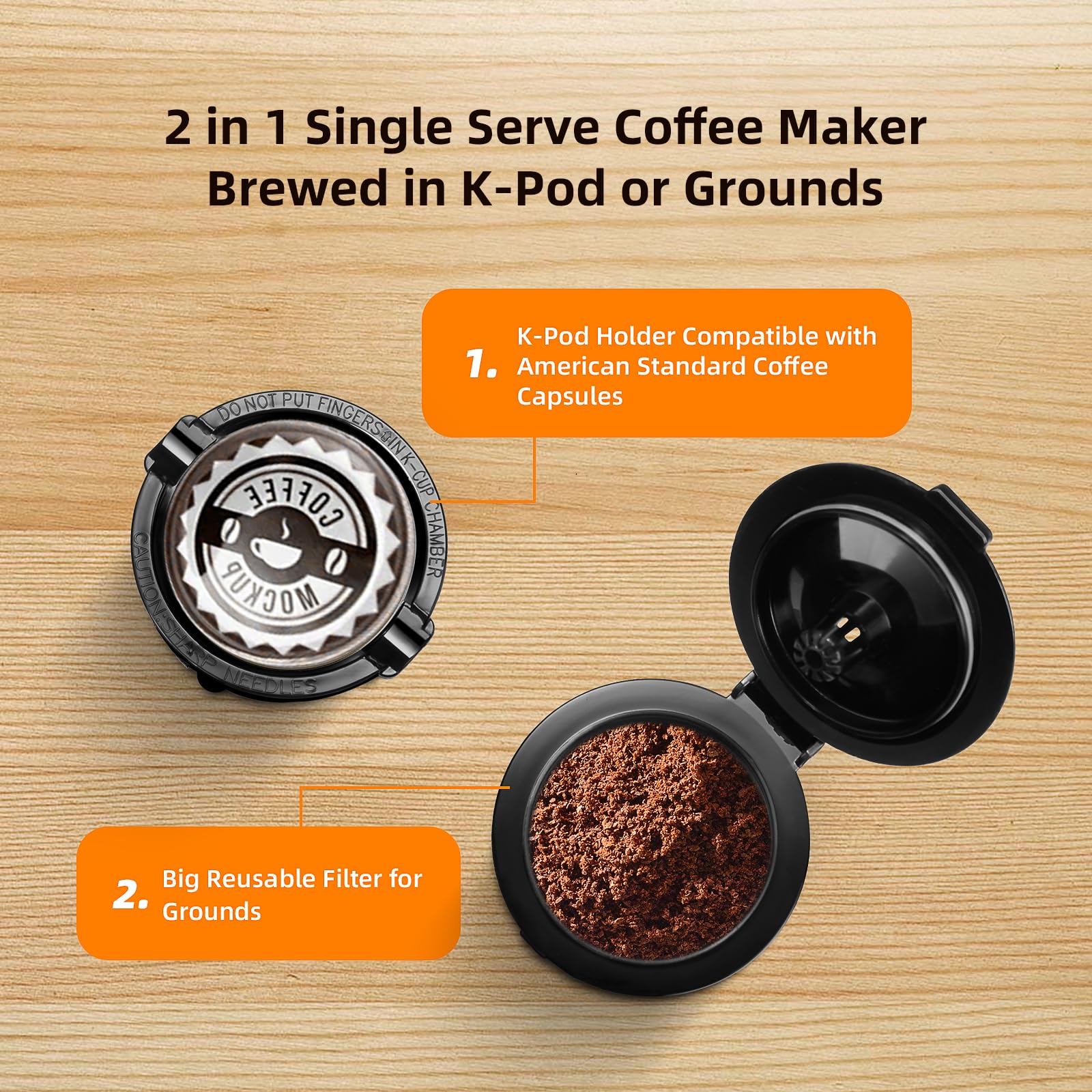 Horavie Mini Single Serve Coffee Maker, K1100, Fast Brew, 6-12 oz, Stainless Steel, Black, with Descaling Reminder and Water Window