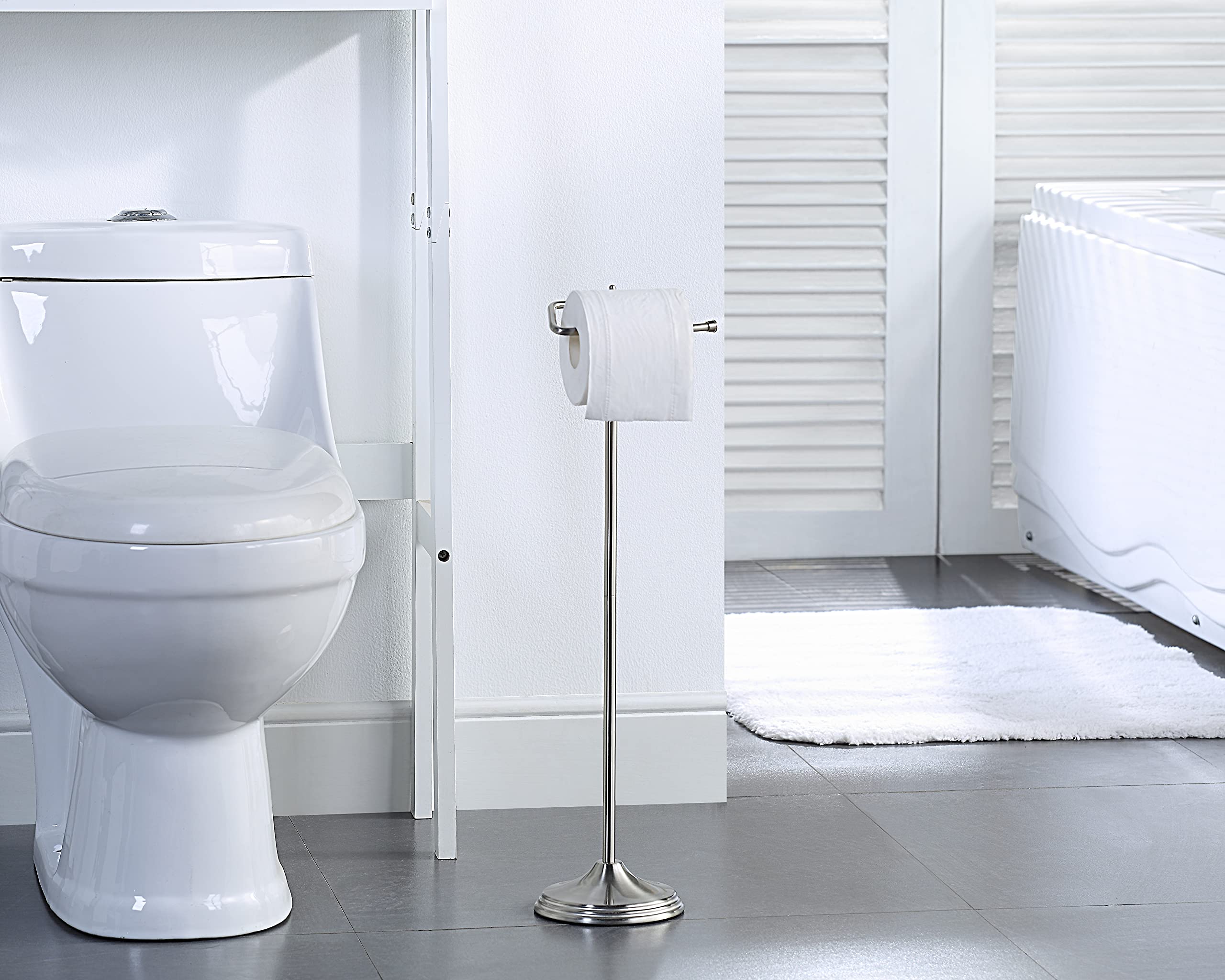 SunnyPoint Bathroom Free Standing Toilet Tissue Paper Roll Holder Stand with Reserve Function  Satin Nickel