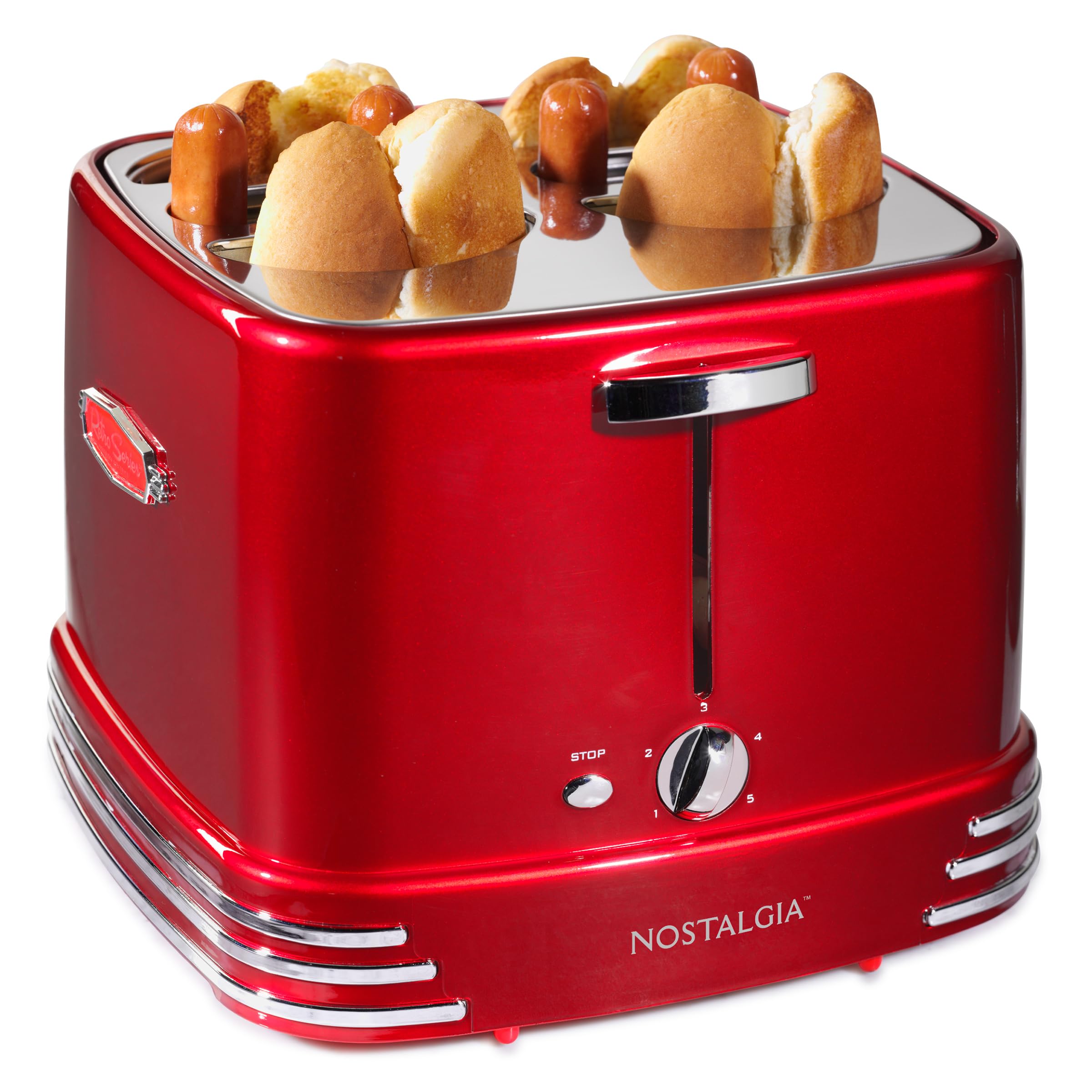 Nostalgia 4 Slot Hot Dog and Bun Toaster with Mini Tongs, Hot Dog Toaster Works with Chicken, Turkey, Veggie Links, Sausages and