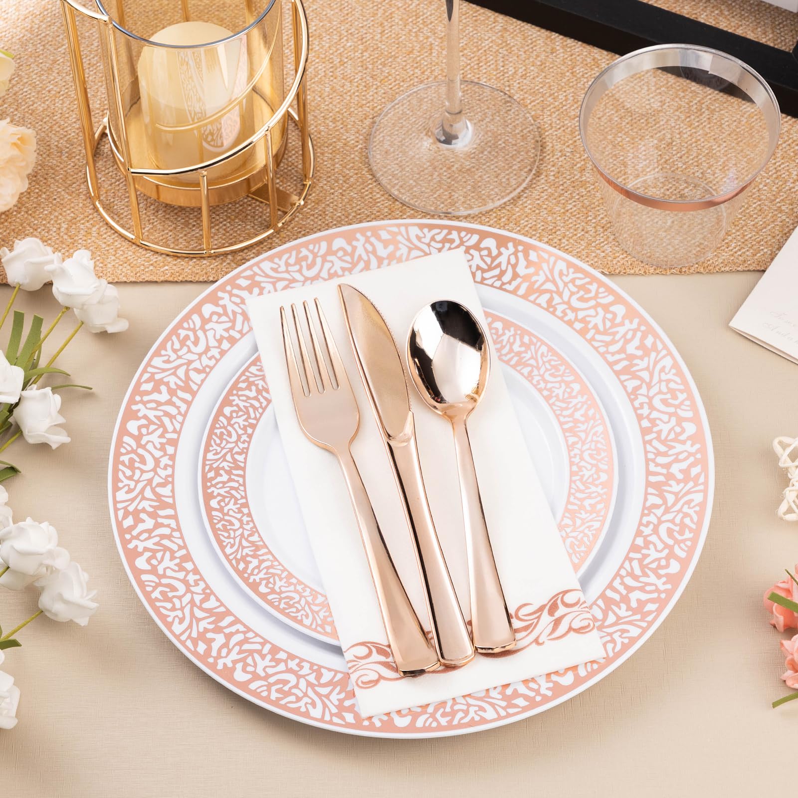 Bestluck 700Pcs Rose Gold Plastic Dinnerware Set For 100 Guests, Disposable Plates For Valentine'S Day, Include 100 Rose Dinner