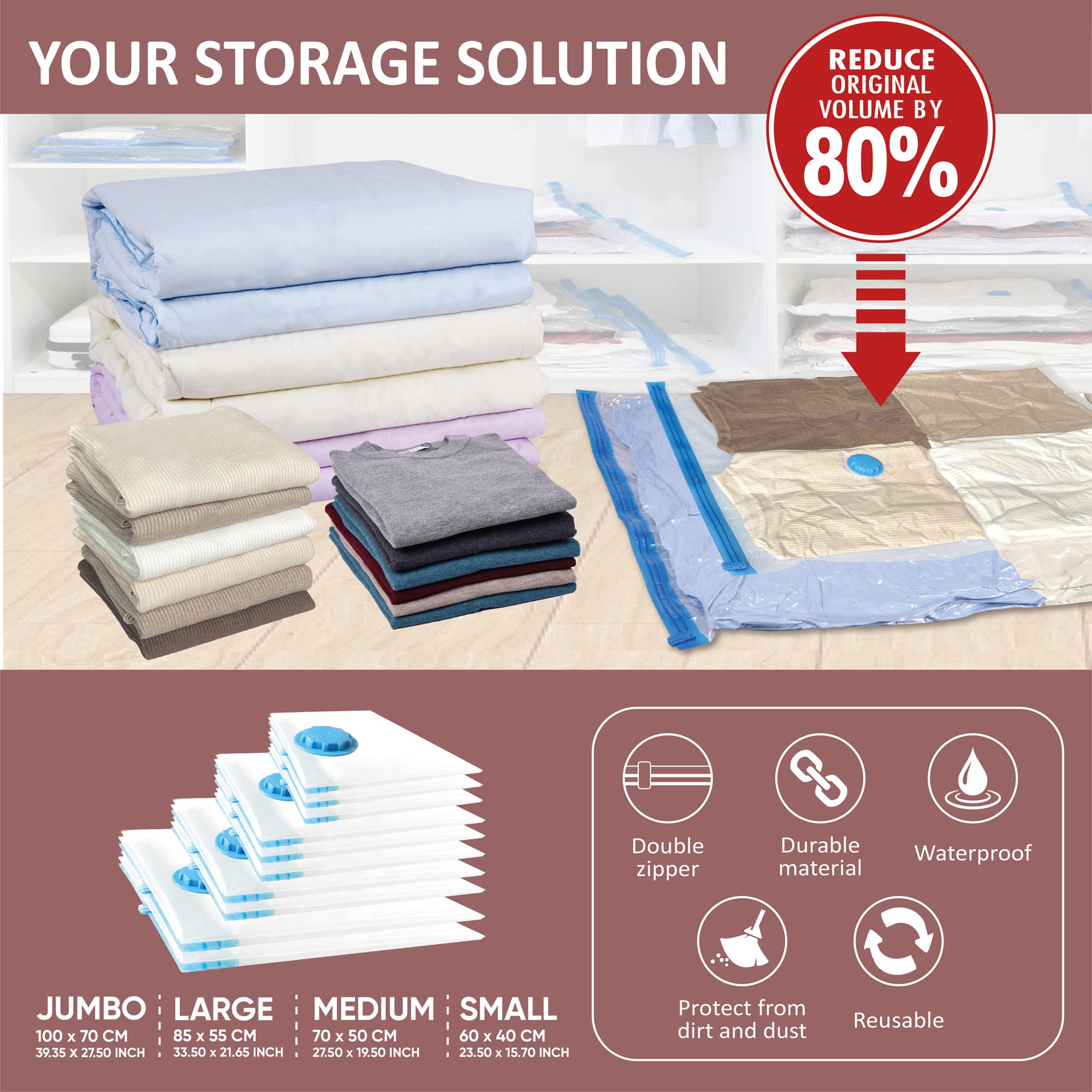 10 Space Saver Vacuum Storage Bags  Vacuum Sealed Storage Bags (2 Jumbo/2 Large/3 Medium/3 Small) with Hand Pump  Vacuum Seal Bags for Clothing  Comforters  Pillows  Towel  Blanket Storage  Bedding