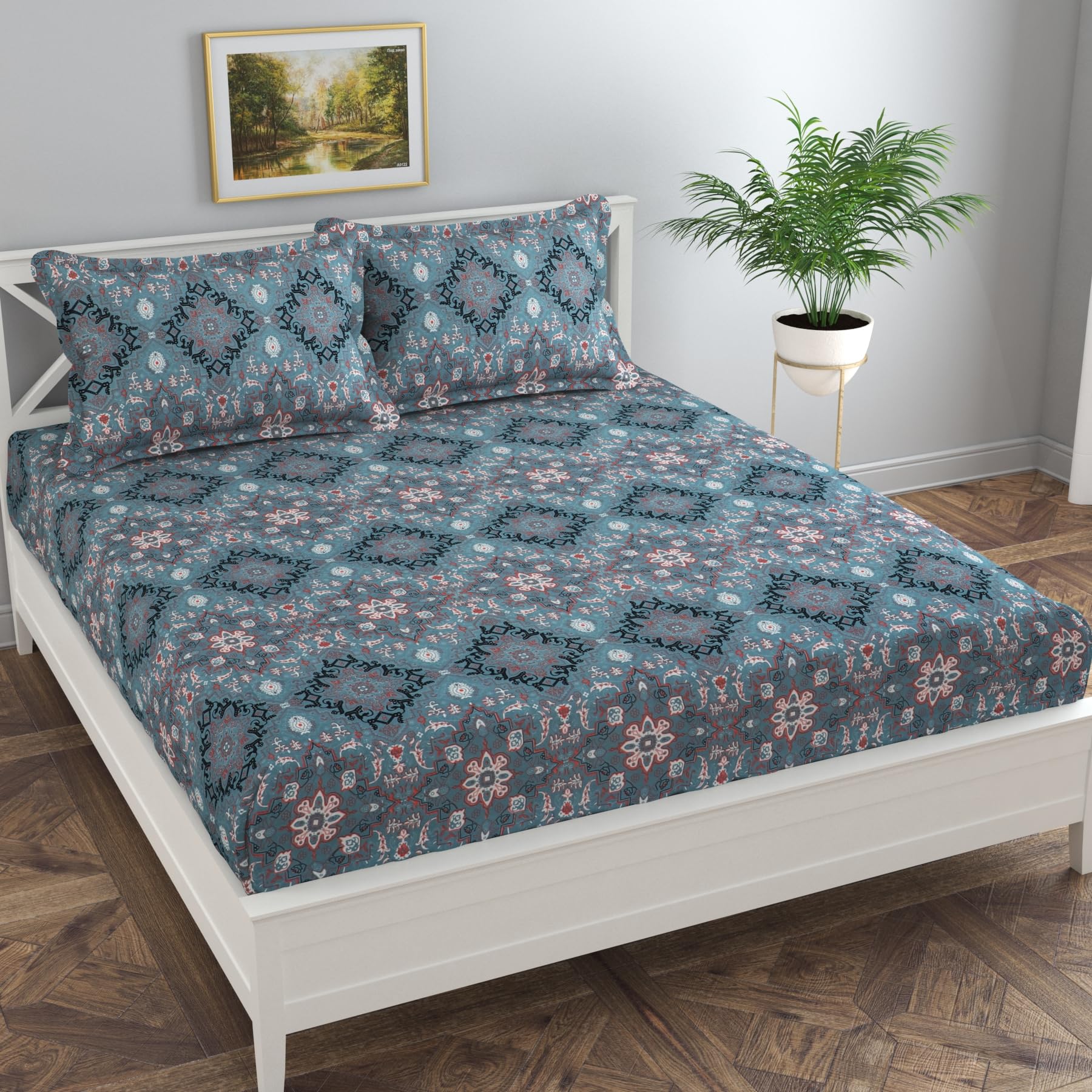Florida Polycotton Fitted Bedsheet Set with 2 Pillow Covers for Super King Bed  Soft & Durable (Navy, 7278+10 Inch)