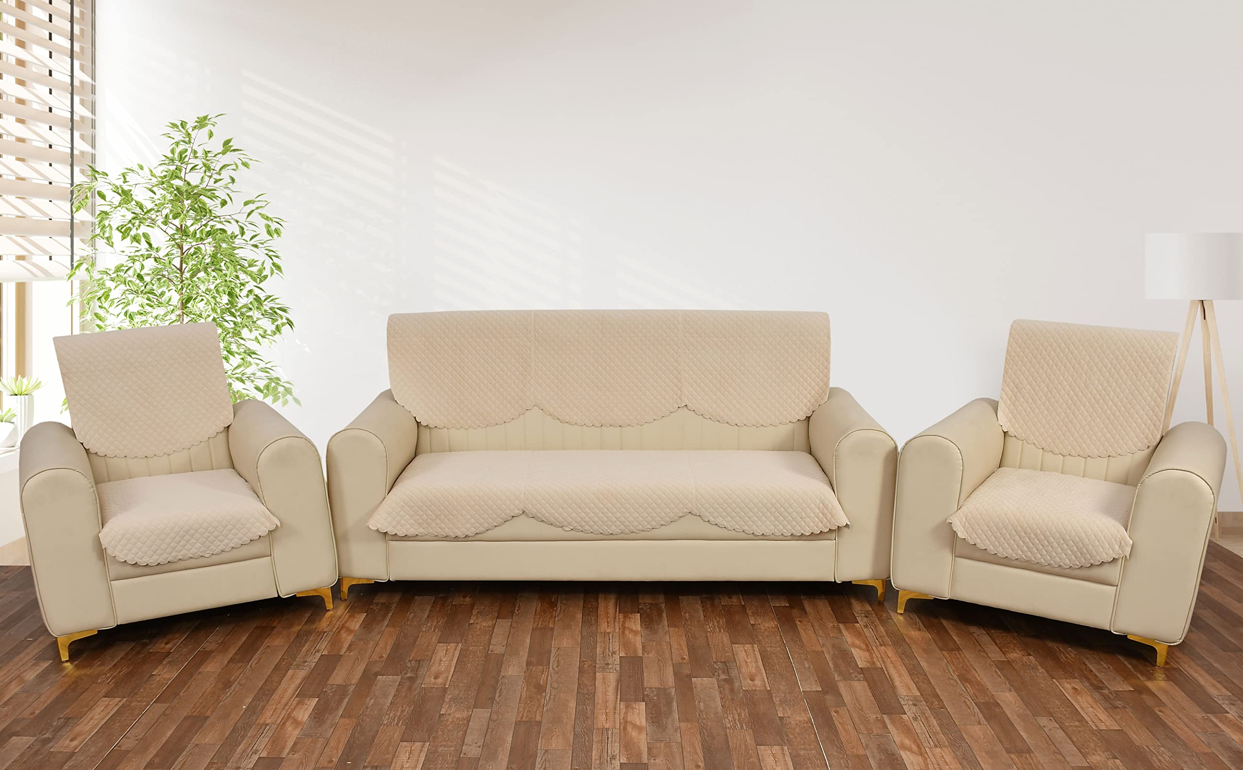 Yellow Weaves Velvet 5 Seater Self Design Quilted Sofa Cover And Chair Cover, Seat&Back Cover, Color - Beige