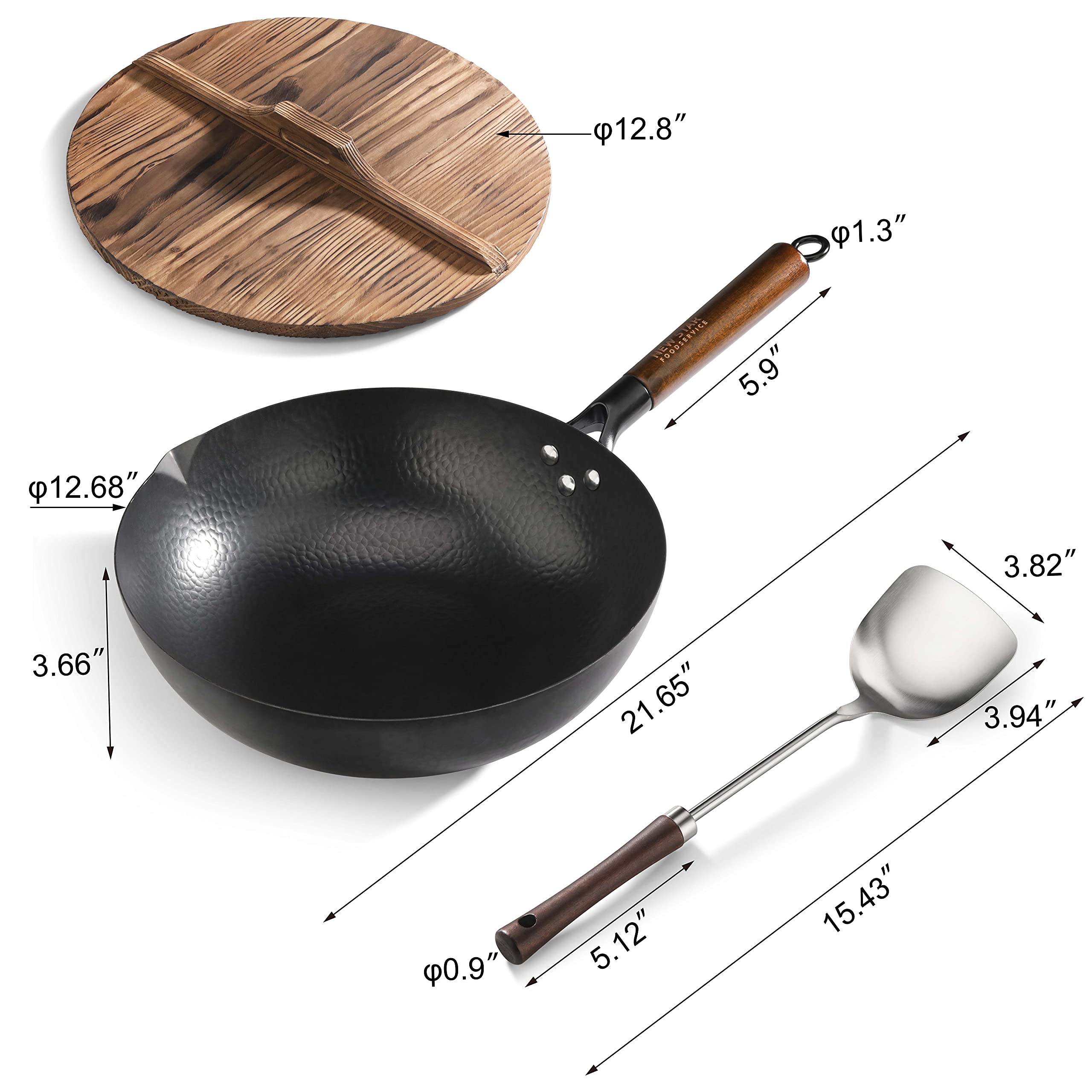 New Star Foodservice 1029154 Hand Hammered Cast-Iron Non-Stick Wok Carbon Steel, Includes 12.7'' Round Bottom Wok, Wooden Wok Li