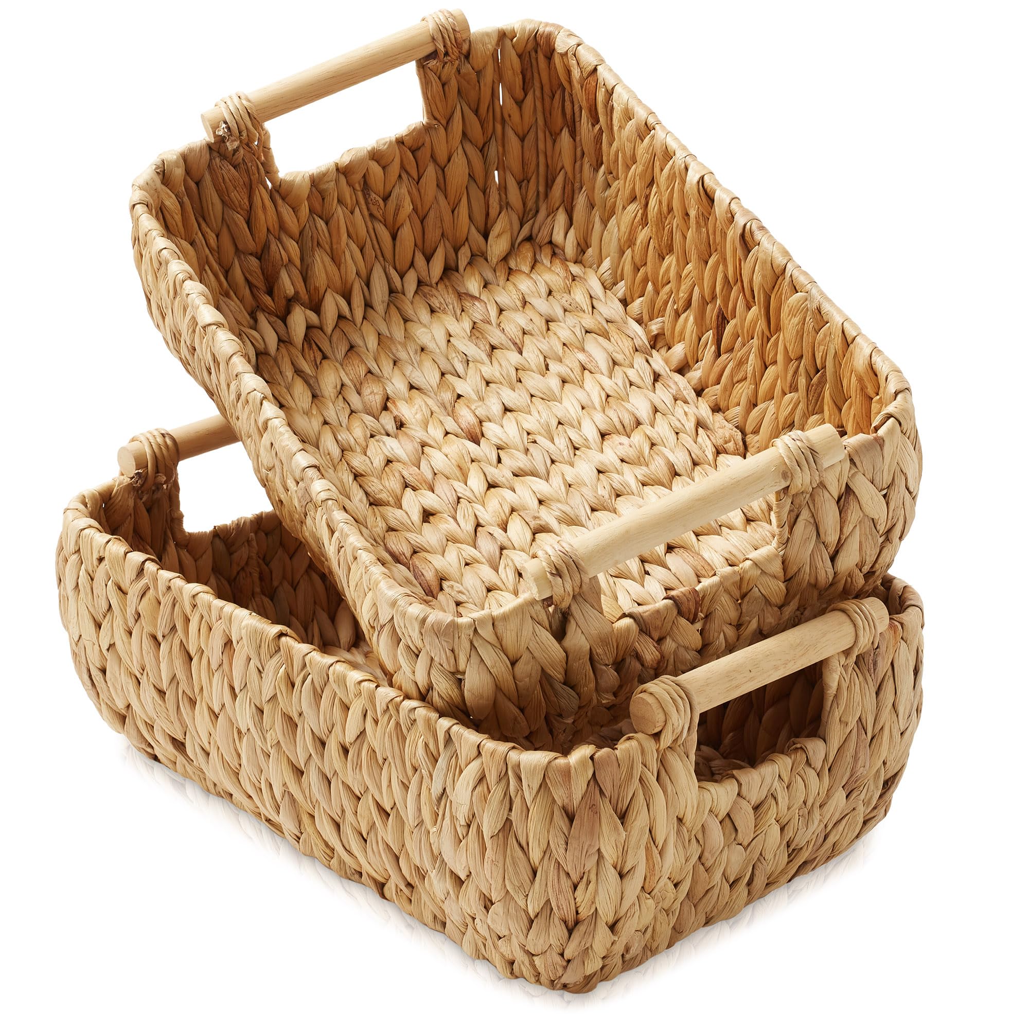 Casafield Set Of 2 Water Hyacinth Oval Storage Baskets With Wooden Handles - Medium, Woven Bin Organizers