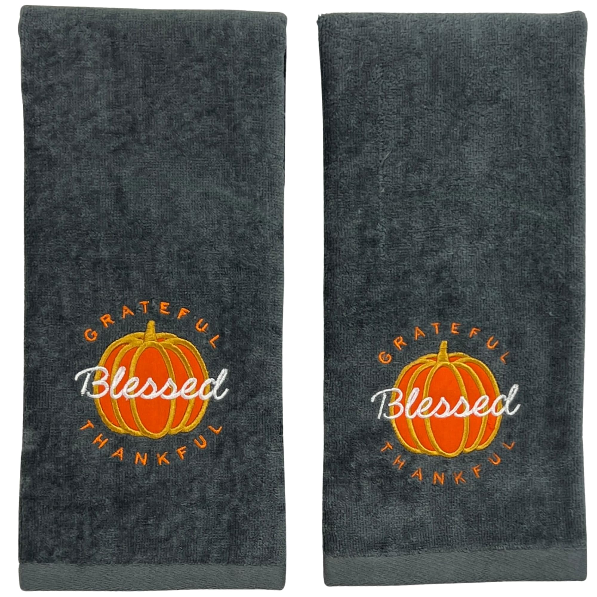 Serafina Home Fall Hand Towels: Grateful Thankful Blessed Orange Pumpkin Embroidery On Grey Cotton, 2 Piece Set, 16'' X 25'' Inc