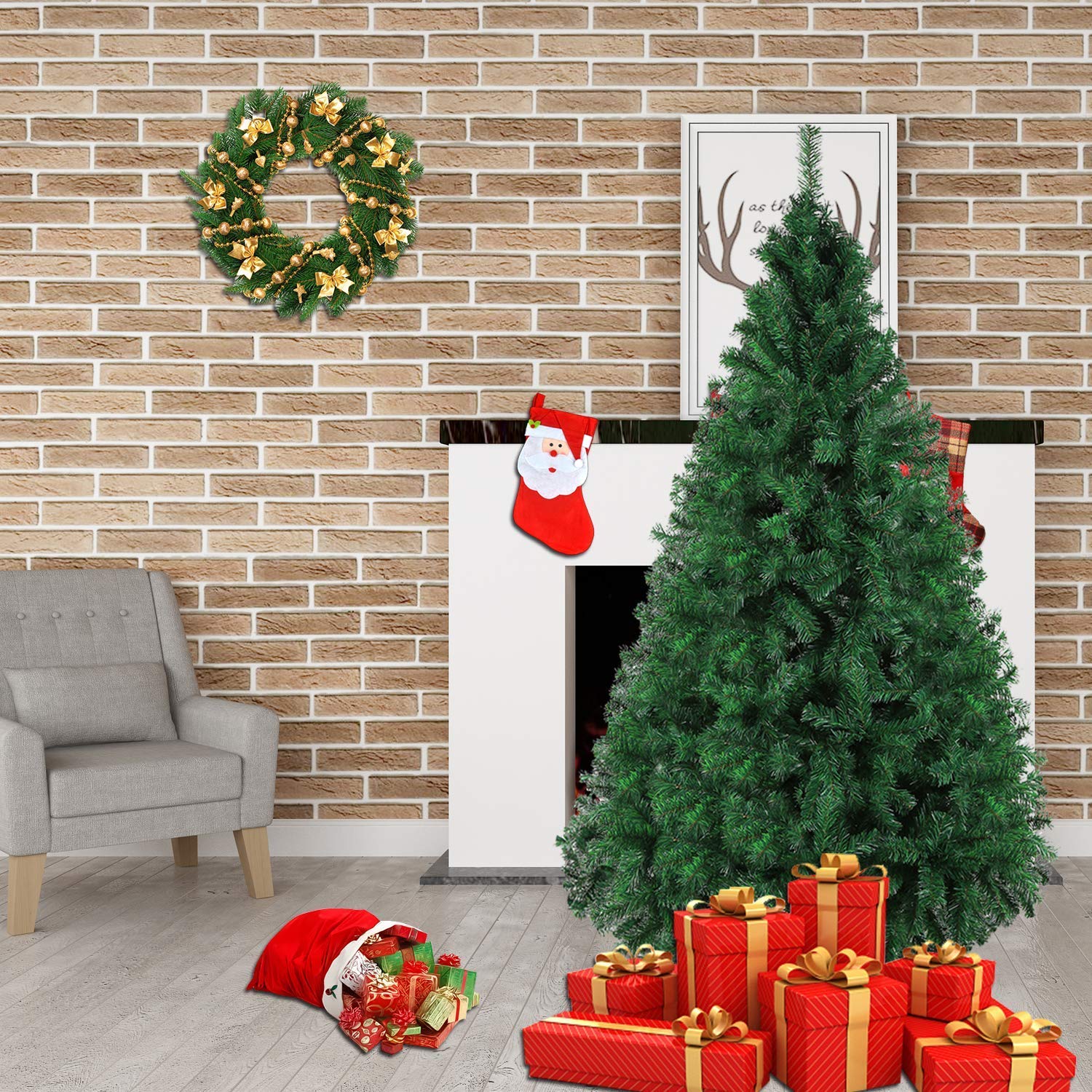 Dporticus 7 Foot Eco-Friendly Artificial Christmas Pine Tree with Solid Metal Legs 1000 Tips Full Tree (Green)