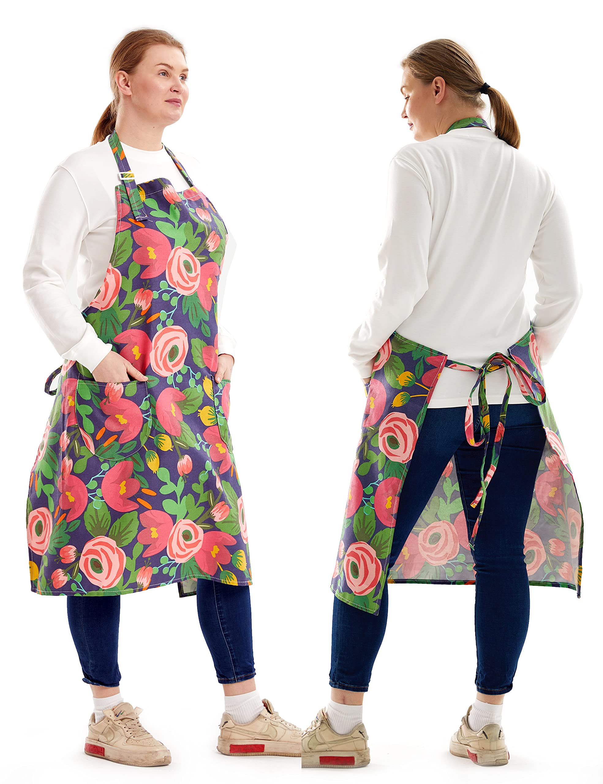 Apronner Cotton Linen Baking Plus Size Aprons For Women With Pockets Kitchen Cooking Red Tulip