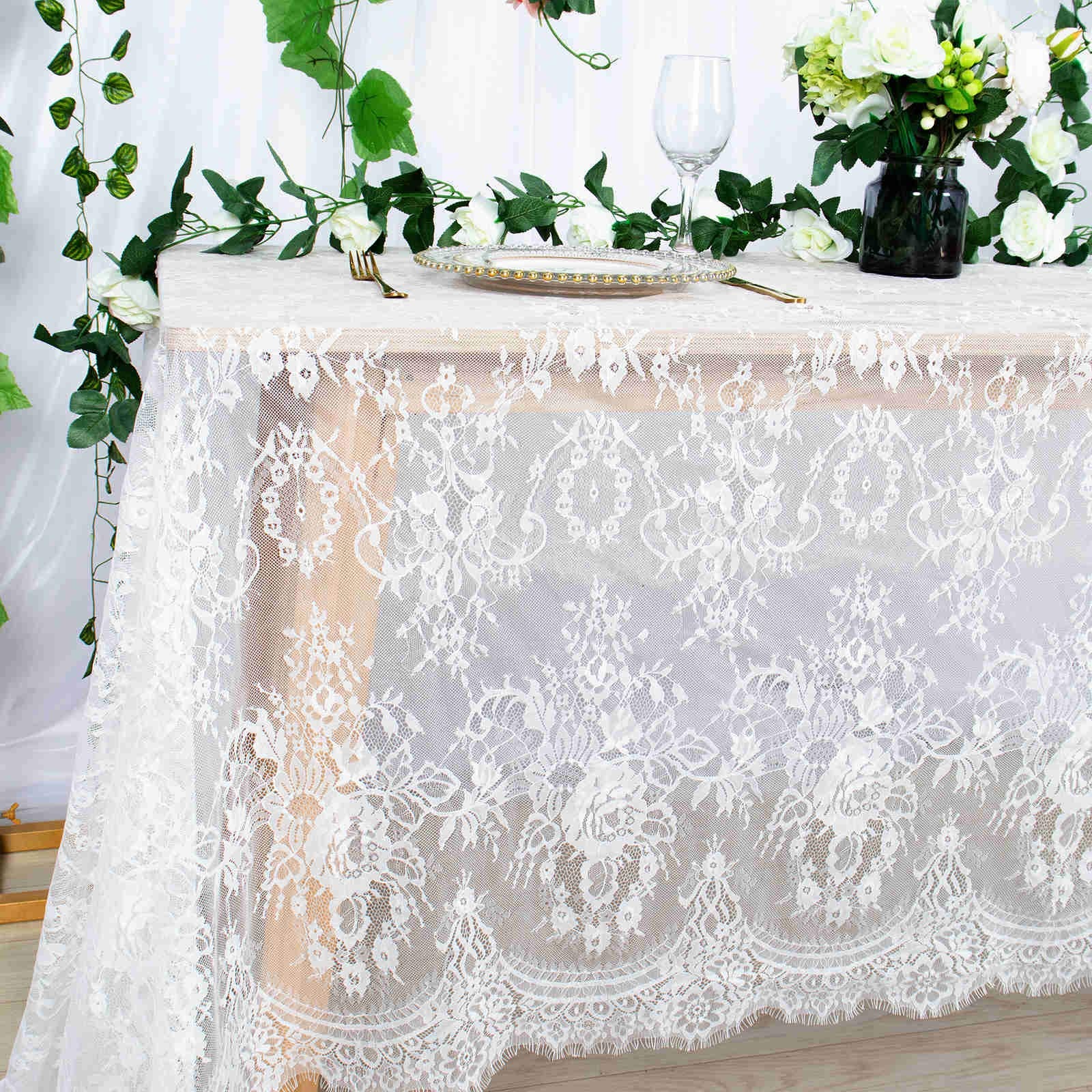 Shinybeauty 60X120 Inch White Lace Rectangle Tablecloth | Vintage Embroidered Lace Table Cover For Banquet, Wedding, Party, Even