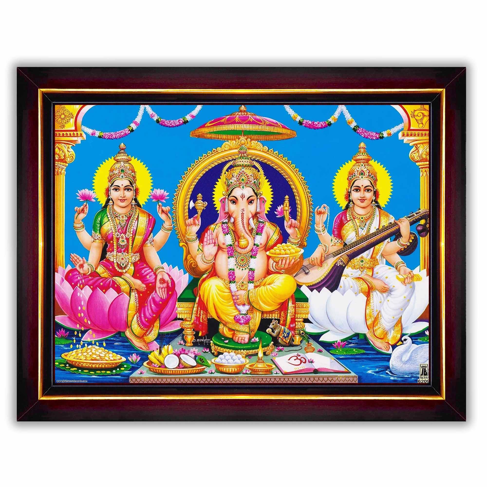 Pavan Photo Laminations Lakshmi Devi Ganesha Saraswati Ganesh Hanging Wall Painting Framed Home Decor (Wood,Matte,Brown,Small Si