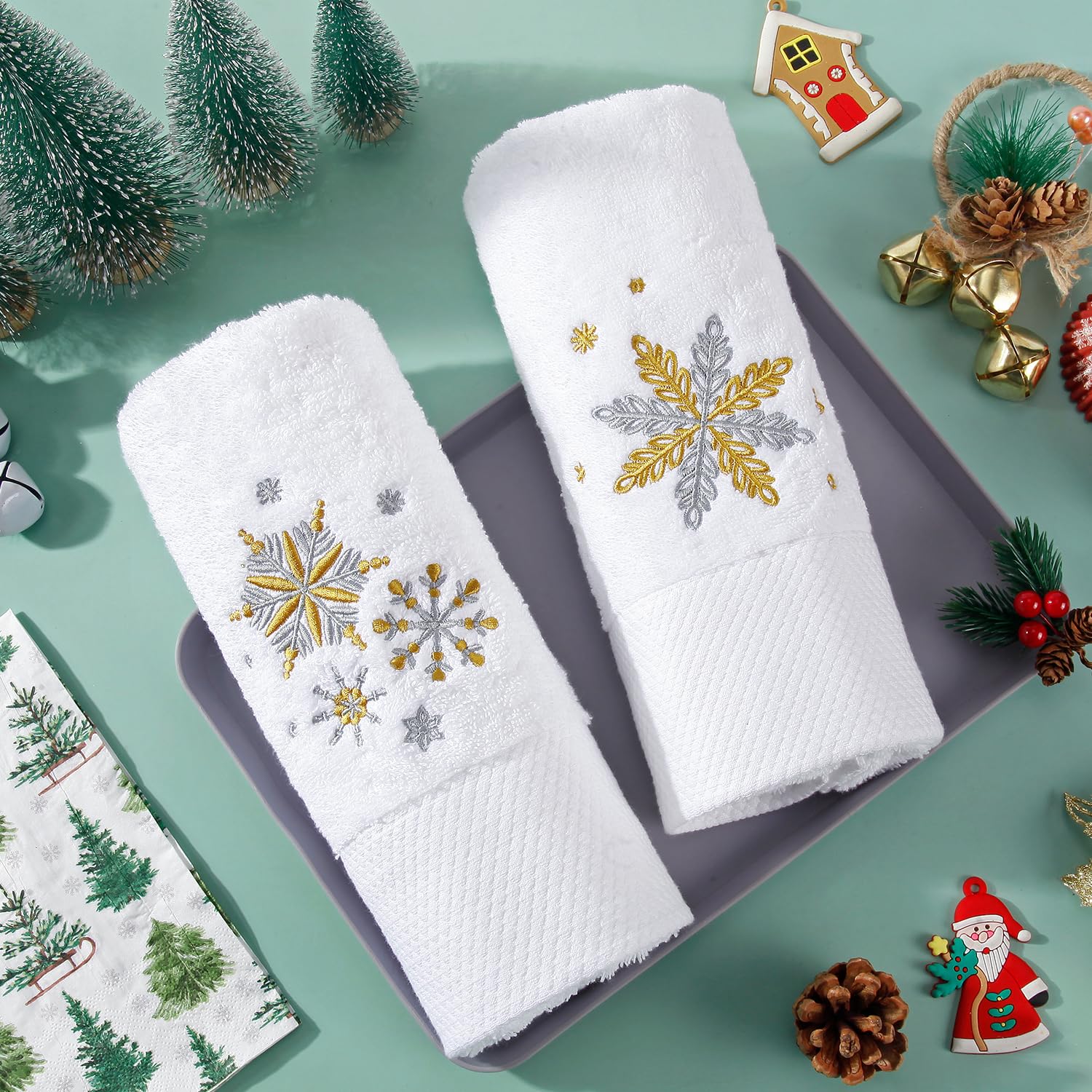 Quera 2 Pack Christmas Hand Towels 100% Cotton Embroidered Premium Luxury Decor Bathroom Decorative Dish Towels Set For Drying,
