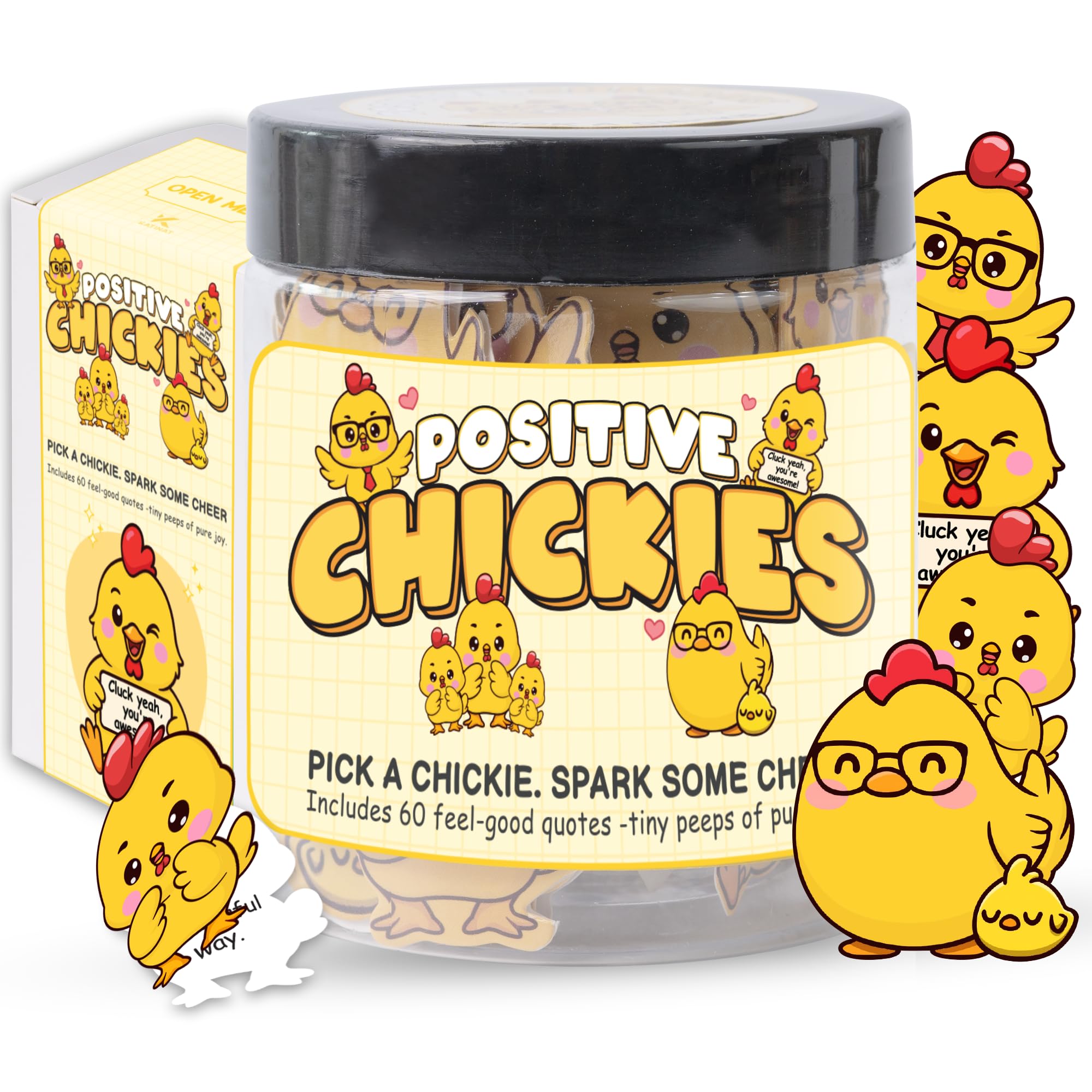 60 Positive Chick Cards Jar - 60 Affirmation Cards for Anxiety & Self Care, Teens, Emotional Support Chickies, CHicken Gifts, ch