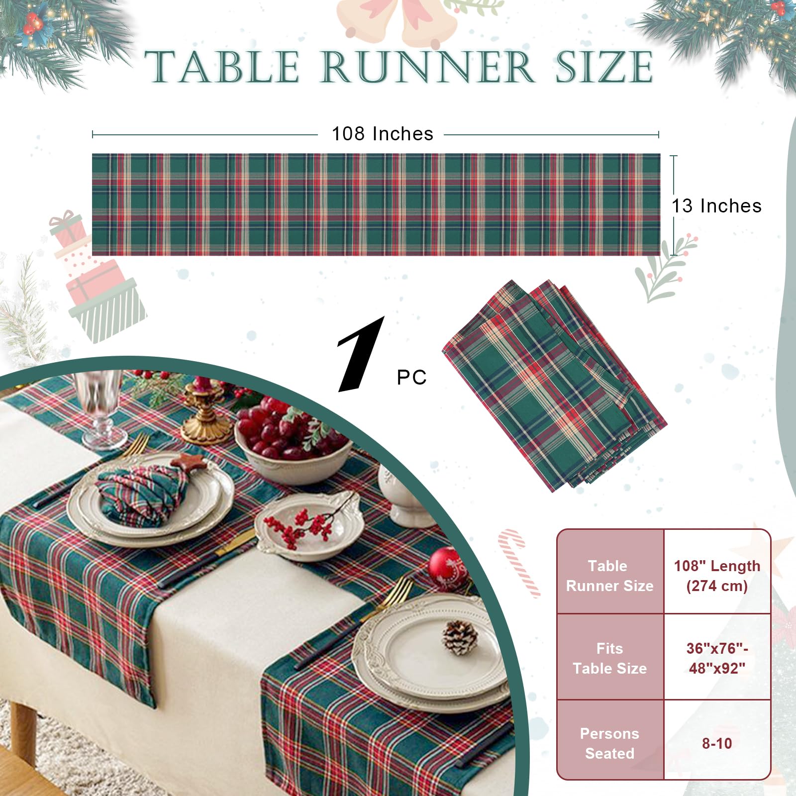 Pakiinno Christmas Tablecloth 57X84 Inch Green Plaid Tablecloth Checked Table Overlay For Christmas Holiday Party Farmhouse Fall