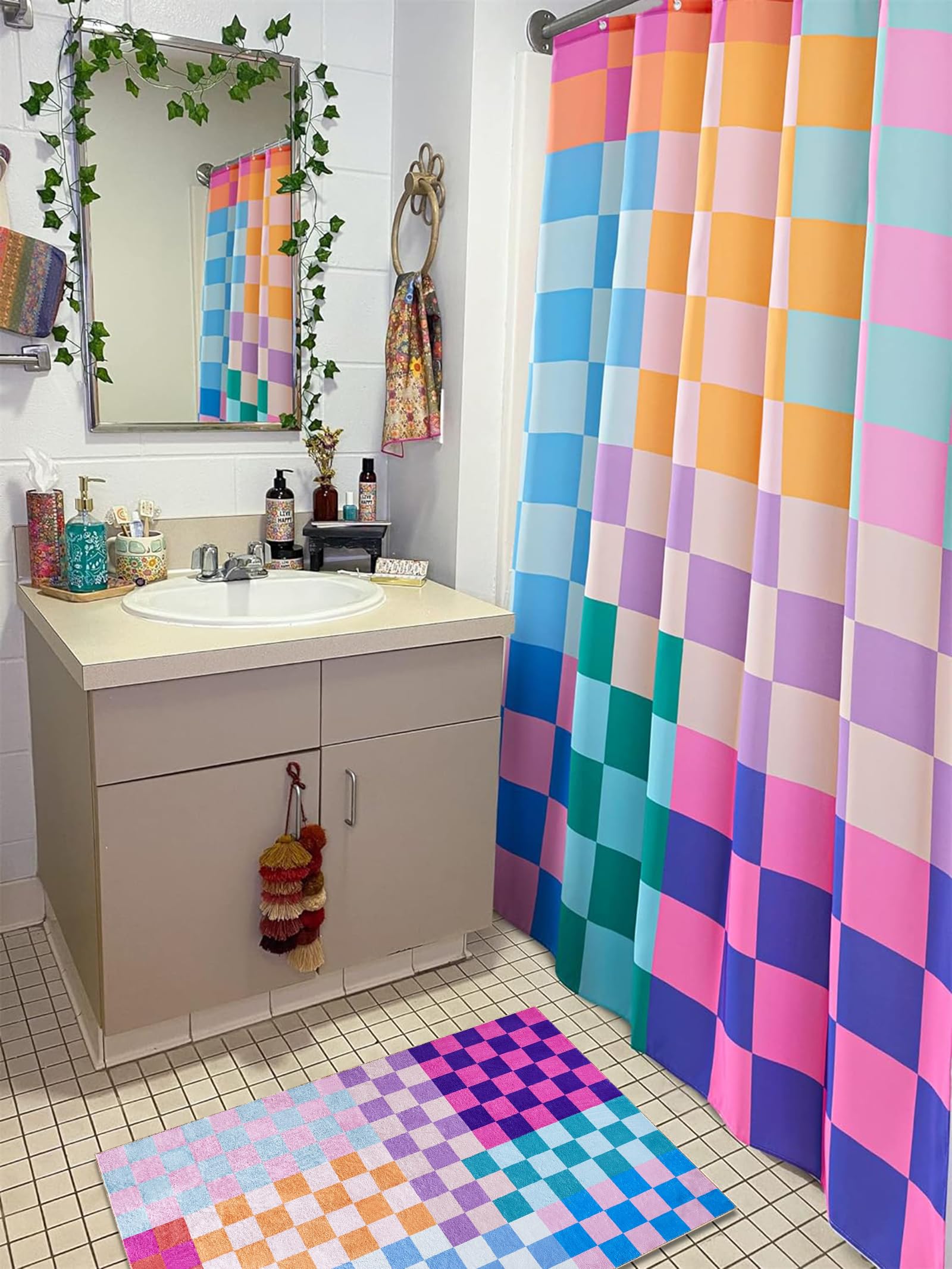 Roomtalks Multicolored Checkered Retro Fabric Shower Curtain For Bathroom Extra Long 72 Inches Length, Bright Rainbow Colorful M