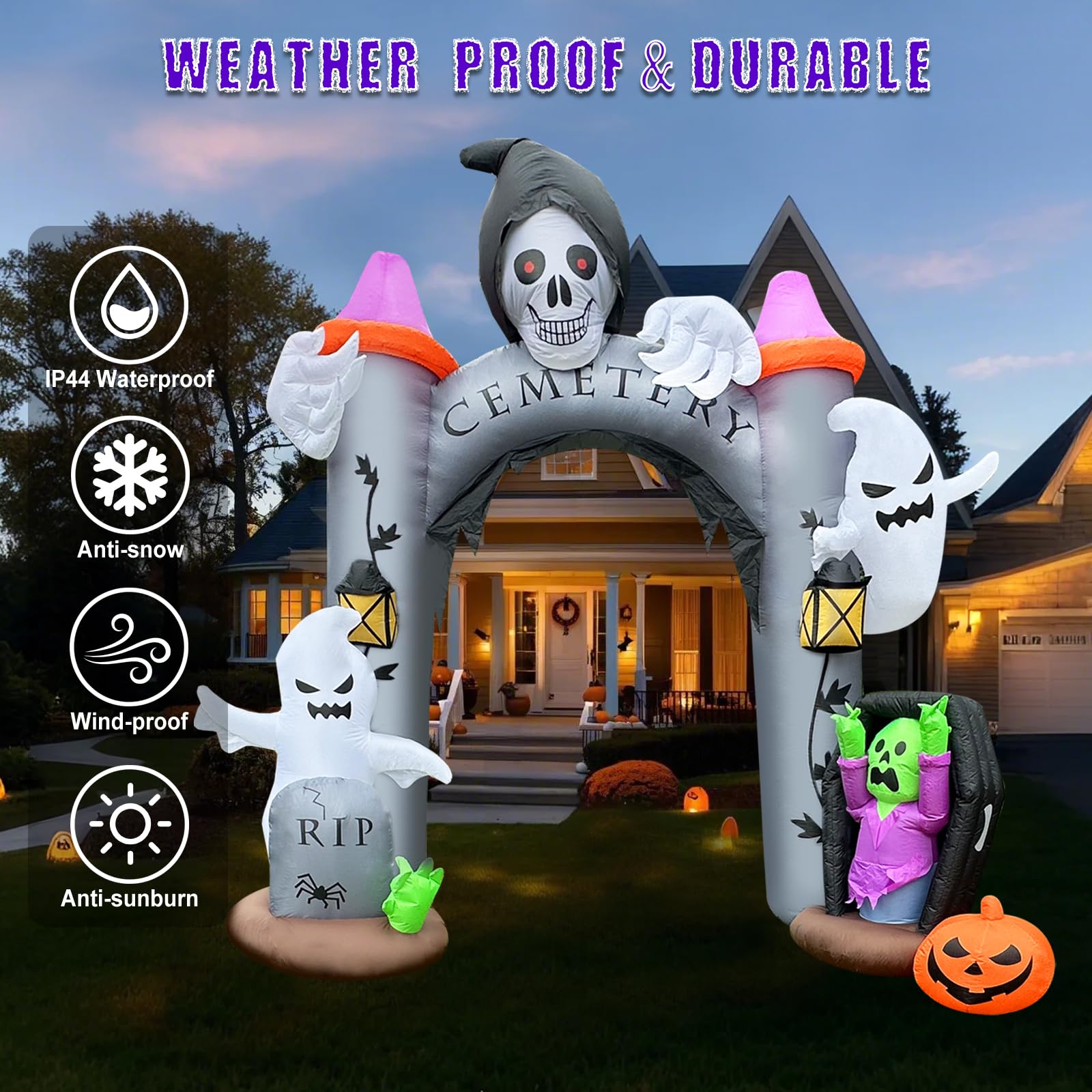 12FT Halloween Inflatable Giant Cemetery Archway with Grim Reaper, Pumpkin and Ghost Spooky Scary Party Blow Up Arch Outdoor Dec