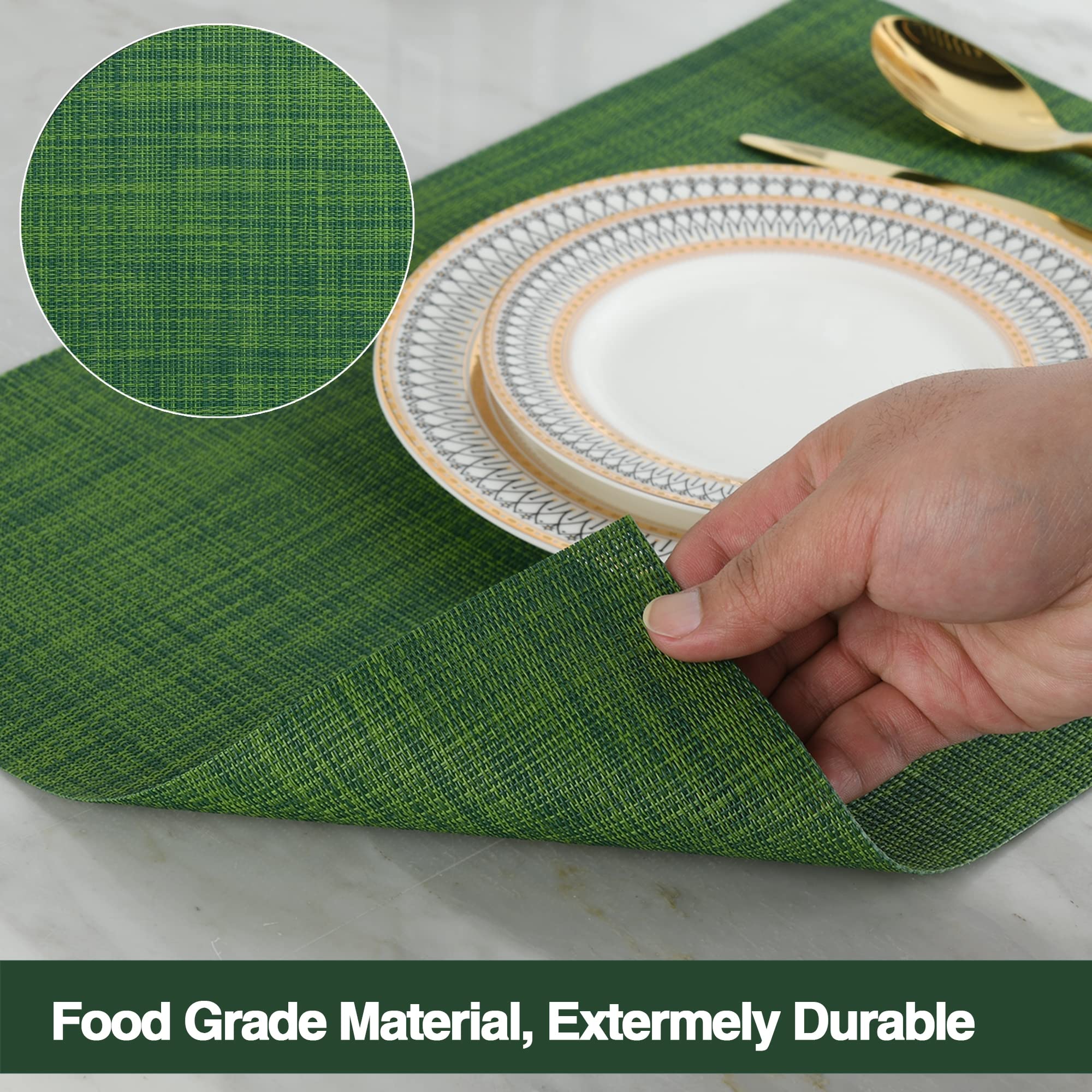 Slkqg Green Placemats Set Of 6 - Wipe Clean Vinyl Placemats - Washable Heat Resistant Pvc Table Mats For Dining Table - 17X12 In