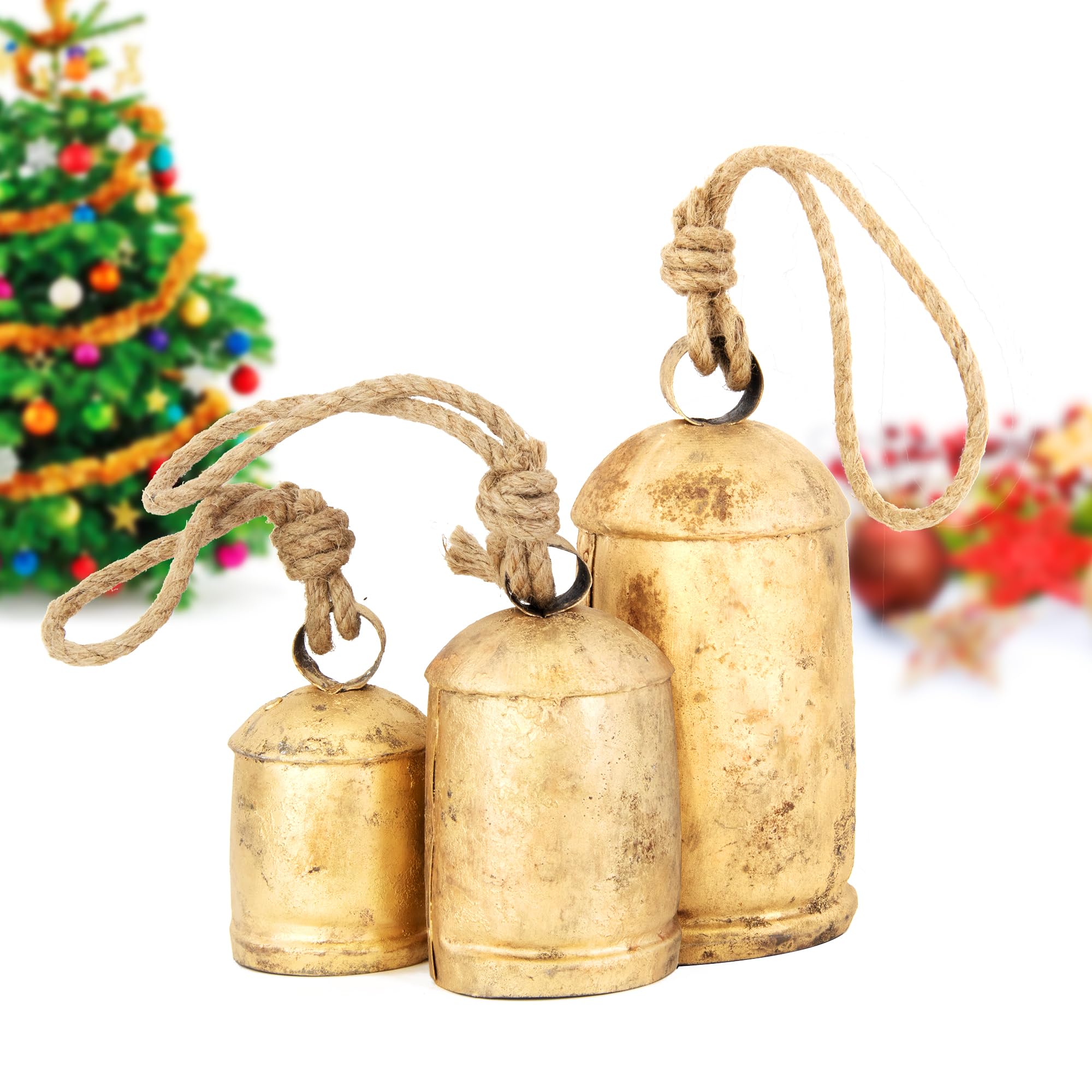 Vintage Rustic Cow Bell Christmas Set - Shabby Chic Holiday Decor - 3 Bells in Various Sizes (4, 6, 8 H) Create Festive Ambiance