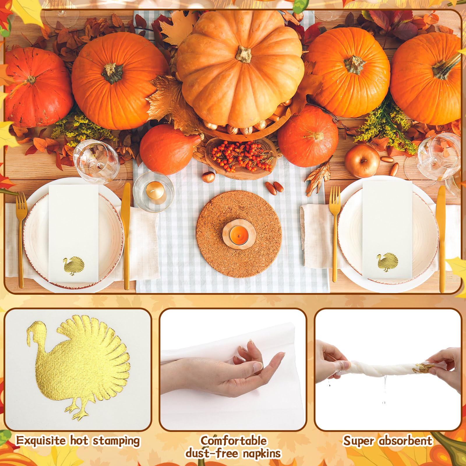 Janlaugh 100 Pcs Thanksgiving Linen Napkins Turkey Pattern Disposable Paper Hand Towels Foil Stamped Golden Napkins for Party Lu