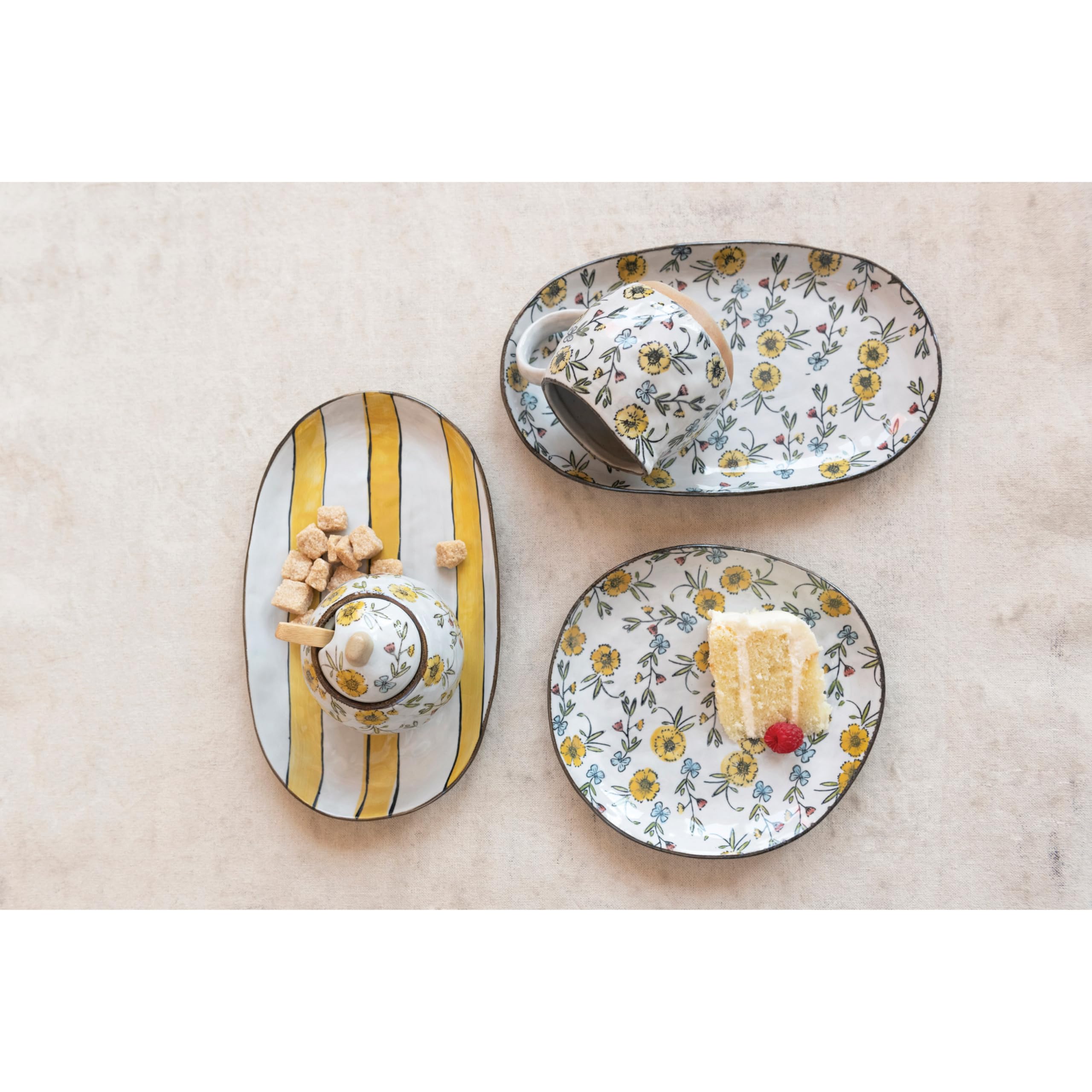 Creative Co-Op Hand-Painted Spoon And Lid, Stoneware Creamer, Set Of 3 Sugar Pot, 9'' L X 4'' W X 4'' H, Multicolor
