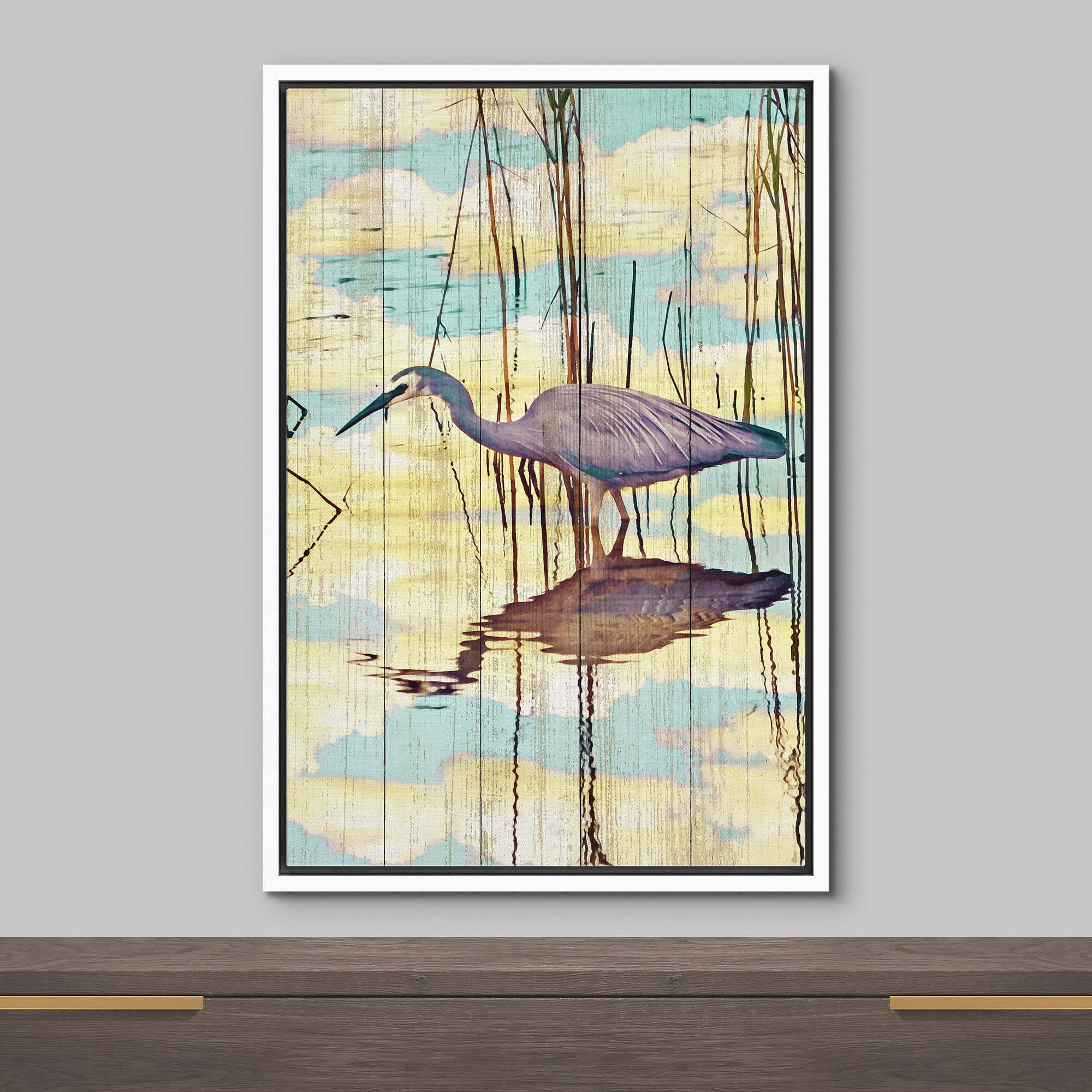 Wall26 Framed Canvas Print Wall Art Pastel Blue Cloud Sky Crane Bird Swamp Nature Wilderness Illustrations Modern Art Decorative