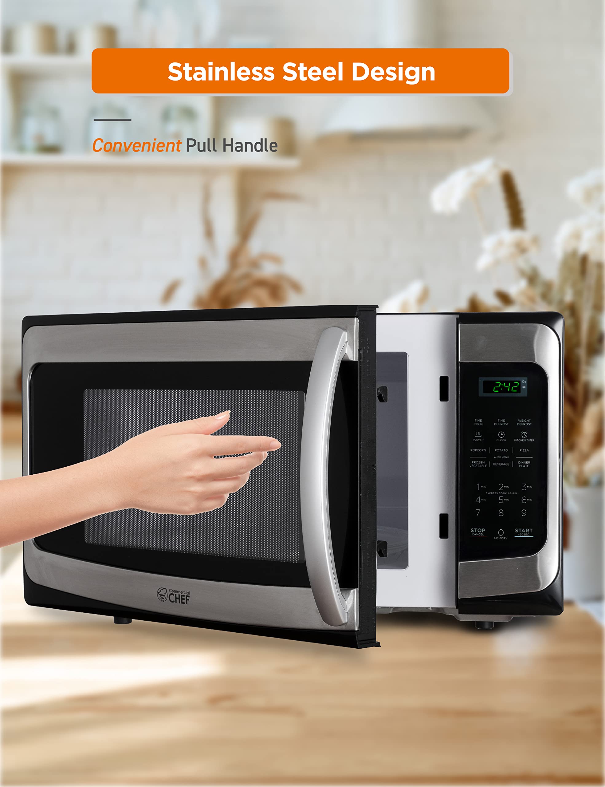 Commercial Chef 1.1 Cu Ft Microwave With 10 Power Levels, Microwave 1000W With Push Button Door Lock, Countertop Microwave With