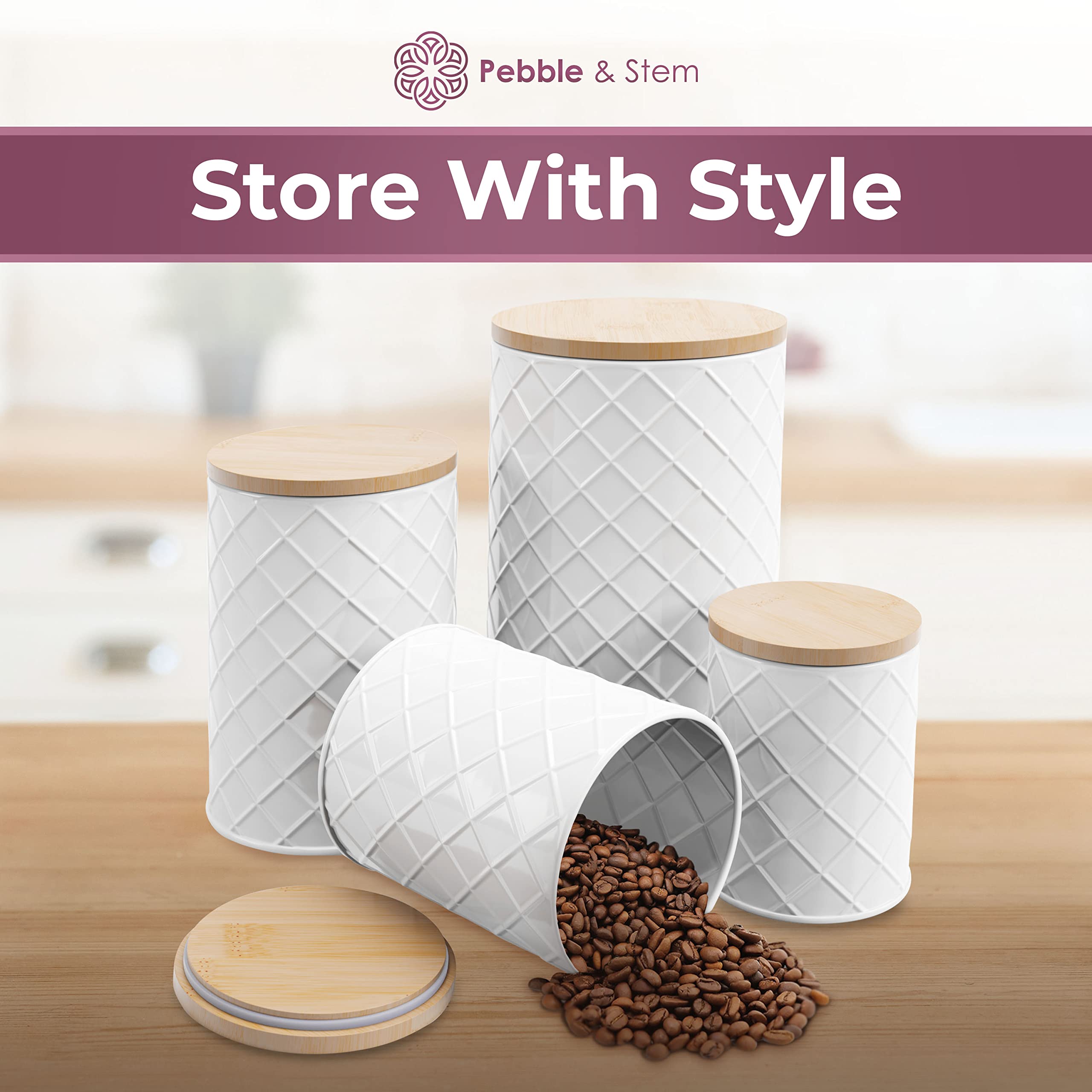 Pebble  Stem White Canister Sets For Kitchen Counter, Kitchen Canisters Set Of 4, Airtight Countertop Flour And Sugar Containers