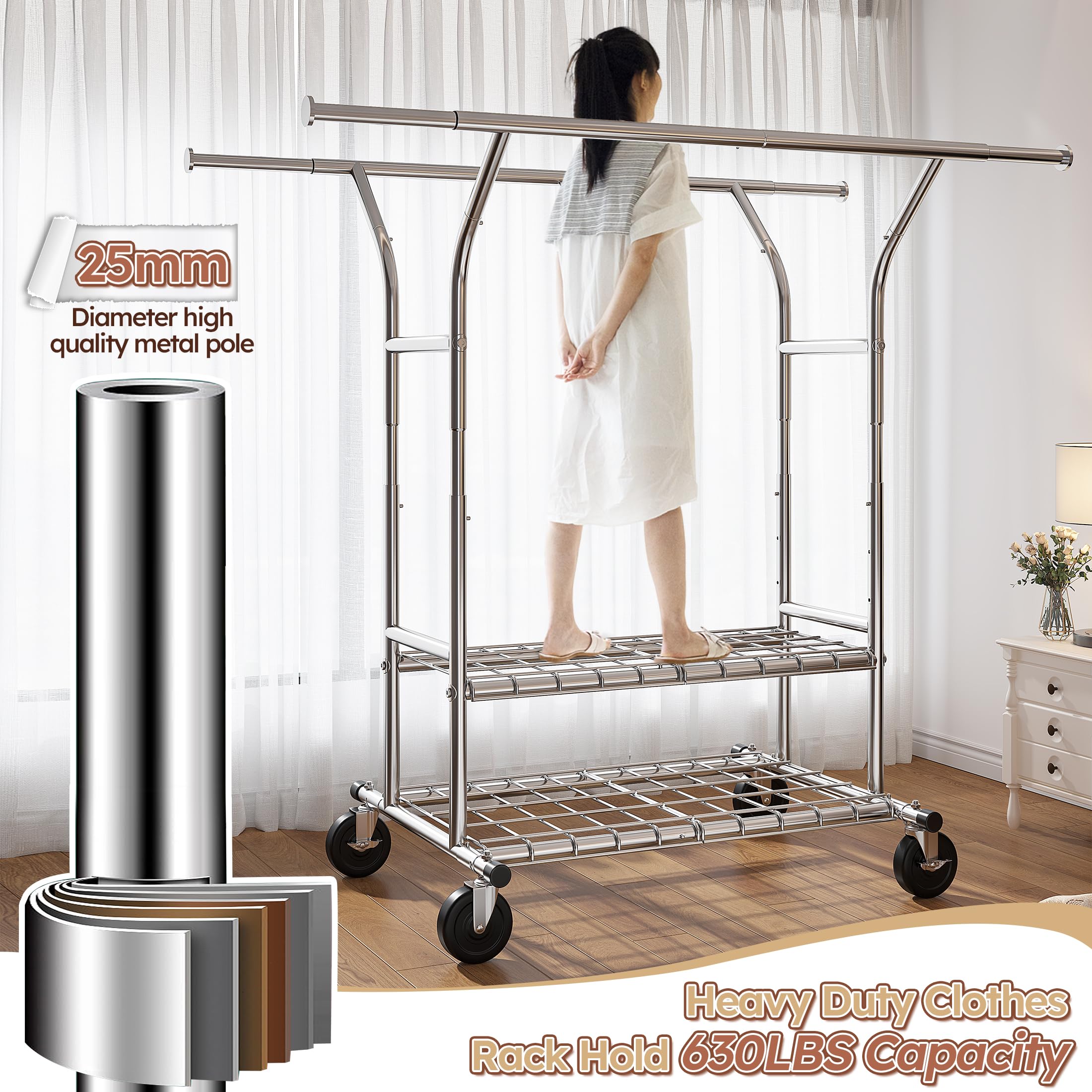 Raybee 74" Double Rod Clothes Rack with Wheels, Heavy Duty 630LBS Capacity, Chrome Finish, Model 25DM-TY-1211