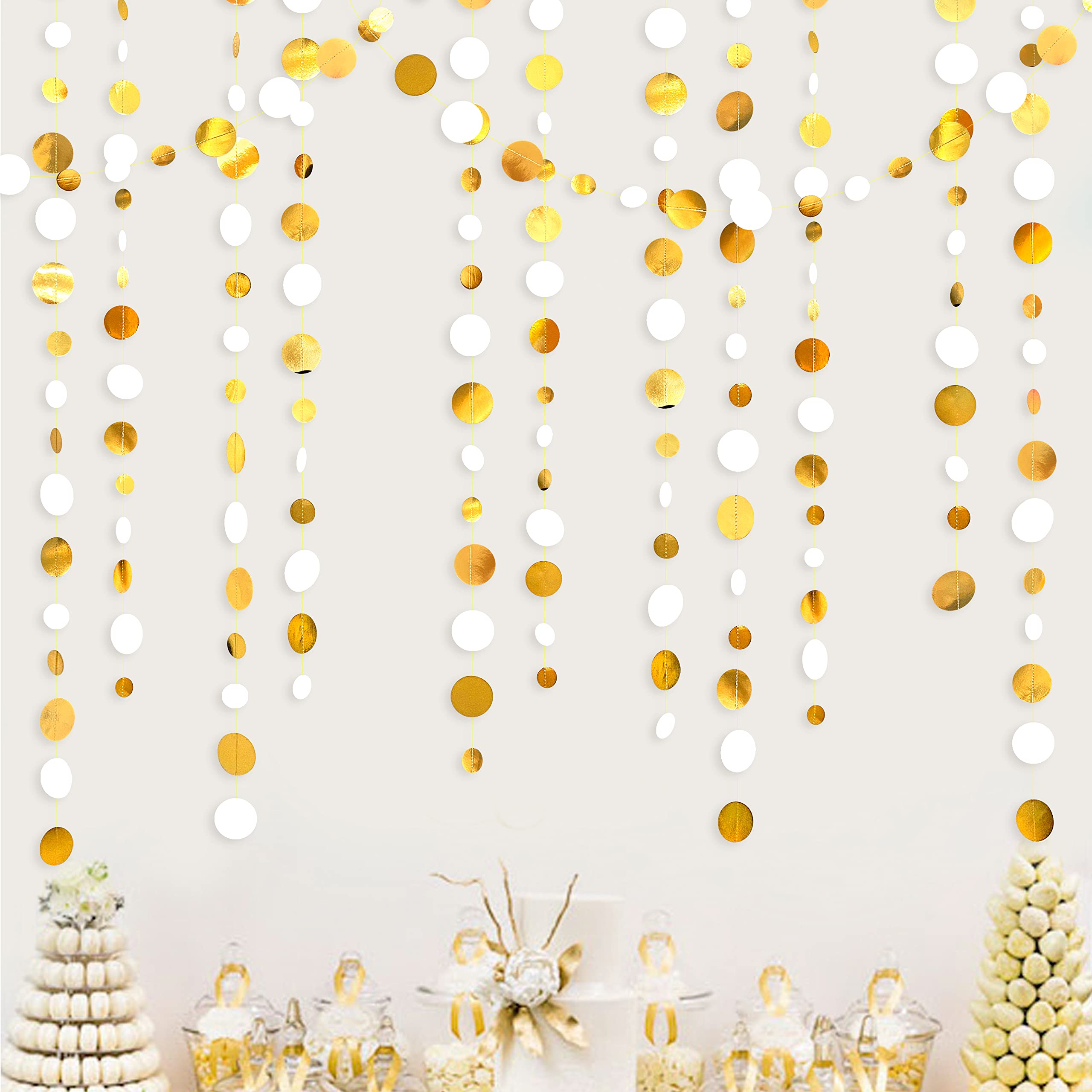 46 Feet White And Gold Circle Dots Garland Hanging Paper Polka Dots Streamer For Birthday Bachelorette Engagement Anniversary We