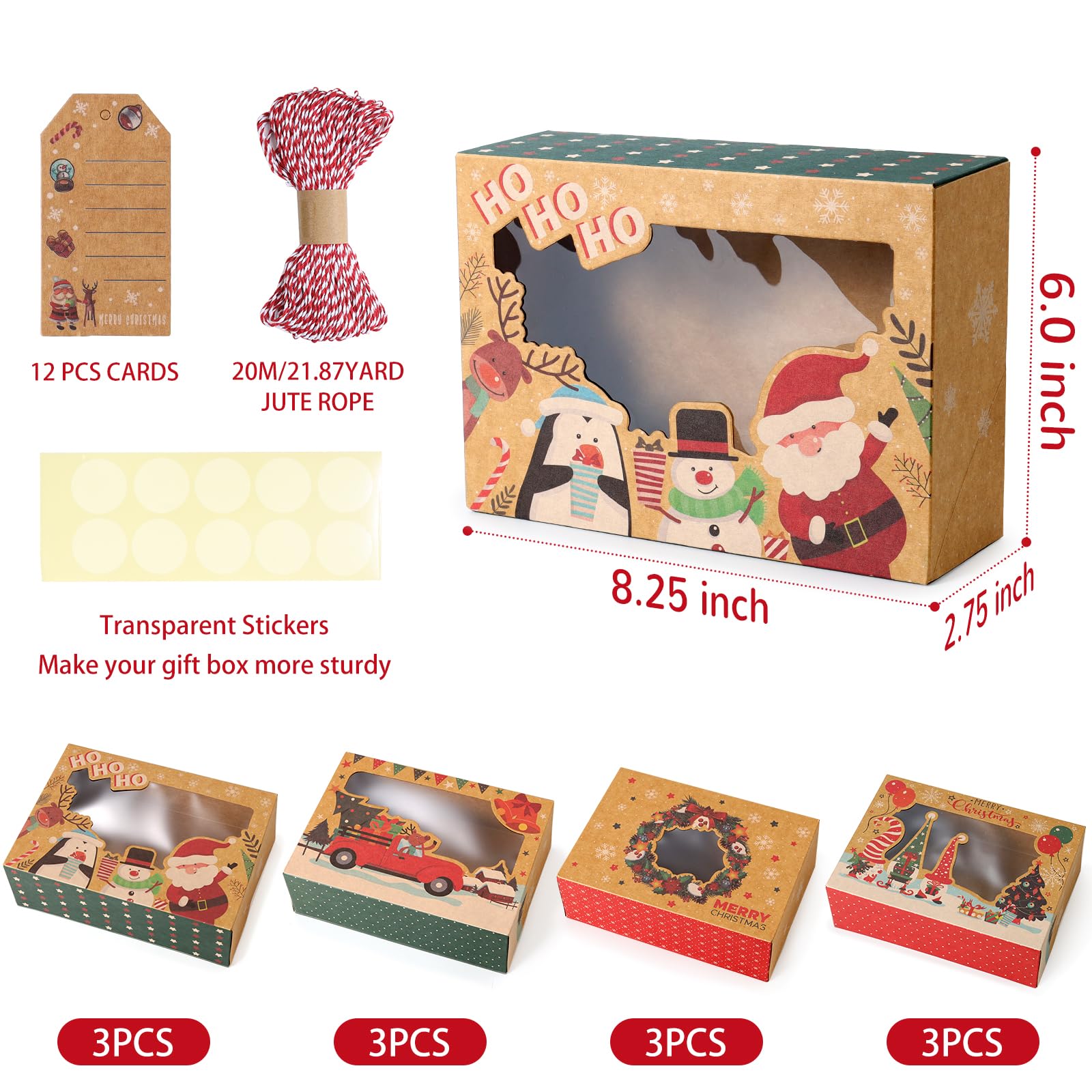 12Pcs Christmas Cookie Boxes with Window for Gift Giving, Kraft Bakery Gift Wrapping Boxes with Cards and Jute Rope, Holiday Tre