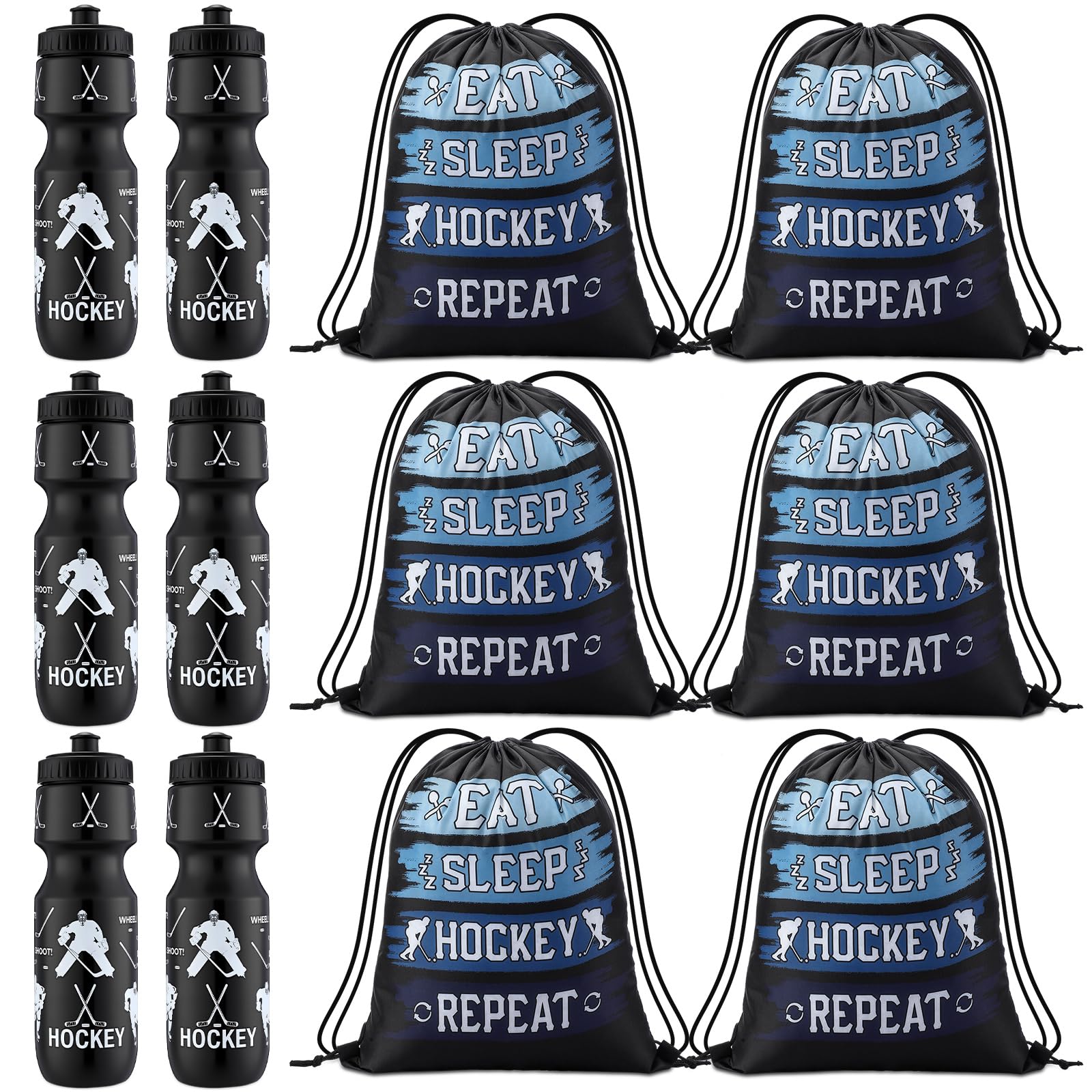 Talltalk 6 Pcs 24oz Ice Hockey Plastic Water Bottle with Drawstring Bag Ice Hockey Party Favors Sports Water Bottles for Men Spo