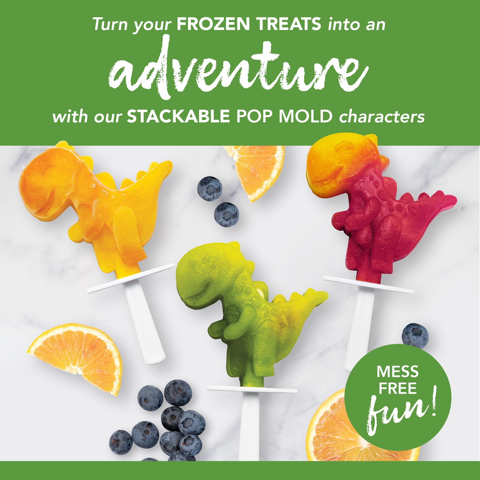 Tovolo Silicone Popsicle Molds (4-Pack, Dino) - BPA-Free, Dishwasher Safe, Clear/Orange, Stackable Ice Pop Maker