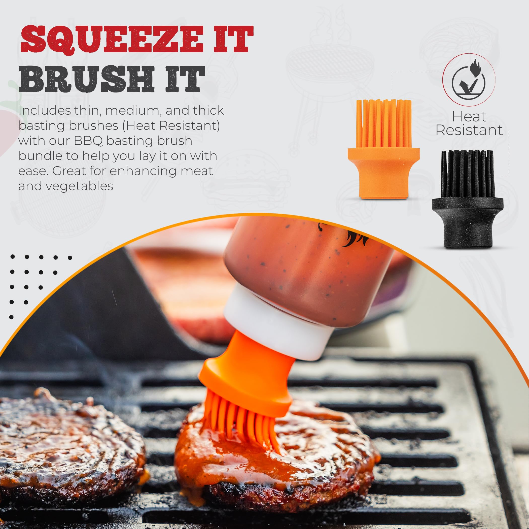 Sauce Basting Bottle Set For Grilling With 3 Silicone Bbq Basting Brush Caps & 2 Squeeze Caps - Squeeze Bottles For Sauces With