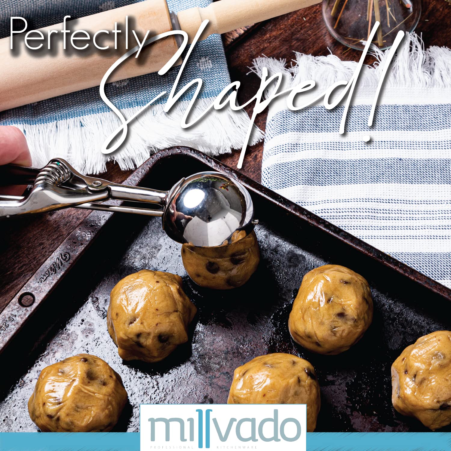 Millvado Stainless Steel Ice Cream And Cookie Scoop | Medium Sized, Spring Loaded Lever Design, For Sorbet, Melon, Meatballs, Mu