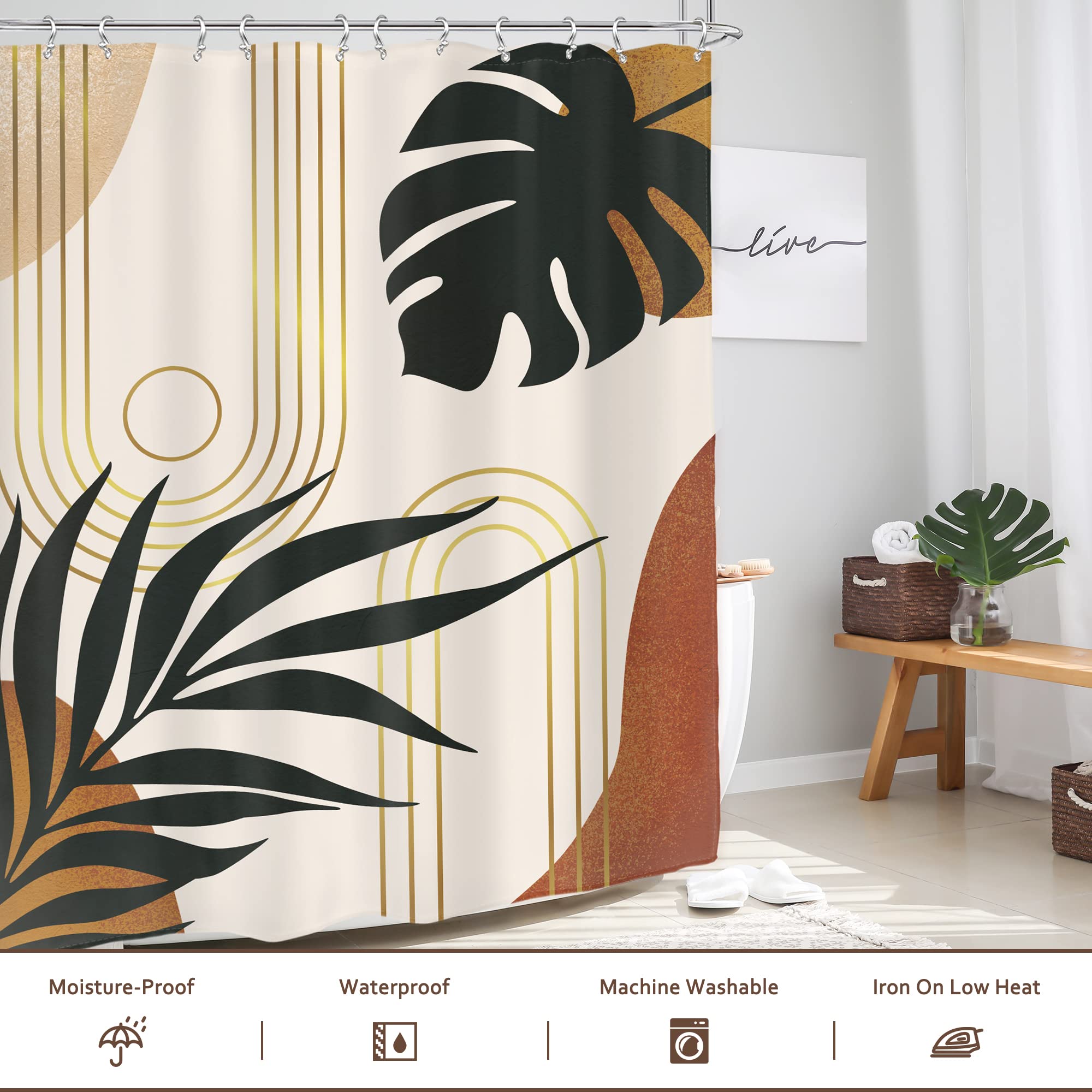Glawry Boho Mid Century Shower Curtain 60Wx72L Inches Abstract Tropical Palm Leaves Modern Minimalist Plant Botanical Geometric