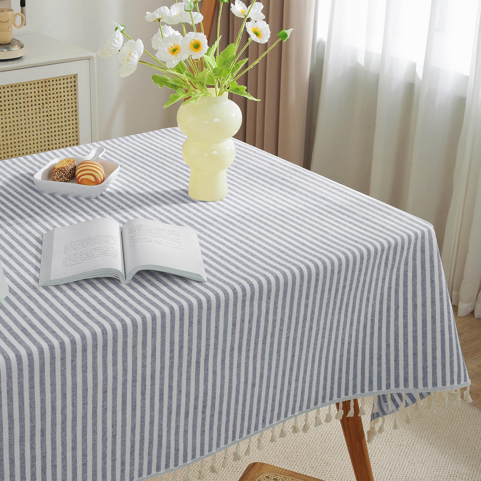 Meioro Table Cloth Blue White Striped Tablecloth With Tassels Cotton Linen Dust-Proof Table Cover For Dining Buffet Kitchen Picn