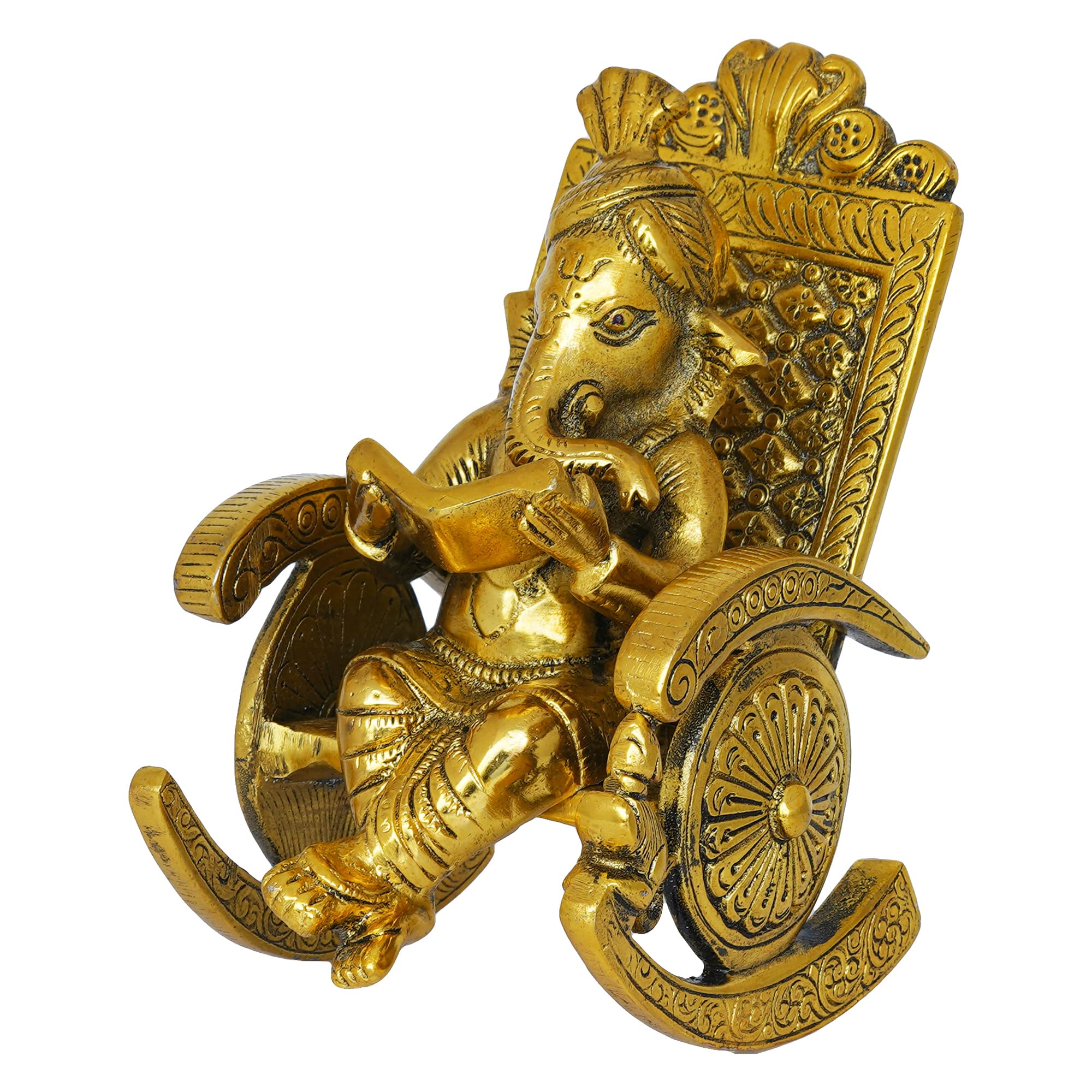 Ecraftindia Golden Metal Handcrafted Lord Ganesha Idol Reading Book On Rocking Chair - God Idol For Home Decor, Office Desk, And