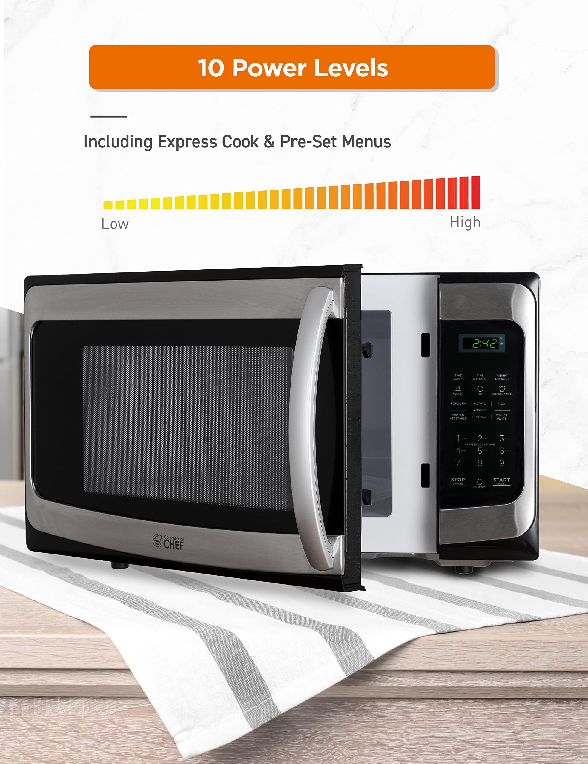 Commercial Chef 1.1 Cu Ft Microwave With 10 Power Levels, Microwave 1000W With Push Button Door Lock, Countertop Microwave With